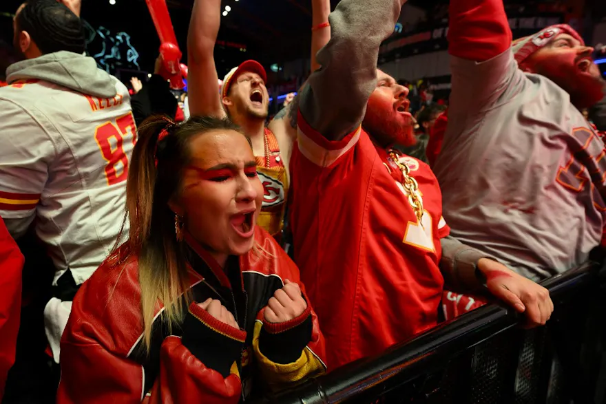 Kansas City Chiefs fans celebrate as their team defeats the San Francisco 49ers and we look at the best free Super Bowl betting contests for 2025