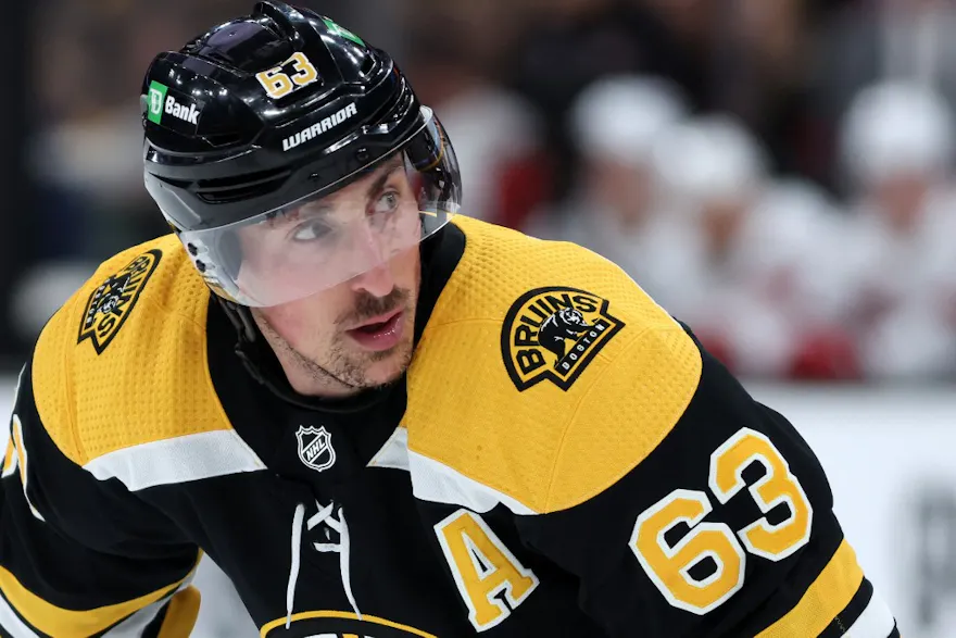 Brad Marchand #63 of the Boston Bruins looks on as we give our update on the Massachusetts sports betting scene for October 2023