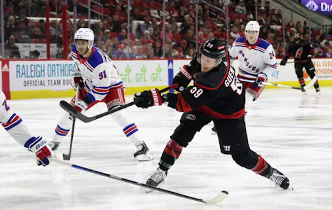 Jake Guentzel of the Carolina Hurricanes takes the shot against the New York Rangers in Game 4 of the second-round of the 2024 Stanley Cup Playoffs. We're backing Guentzel in our Rangers vs. Hurricanes Predictions.  