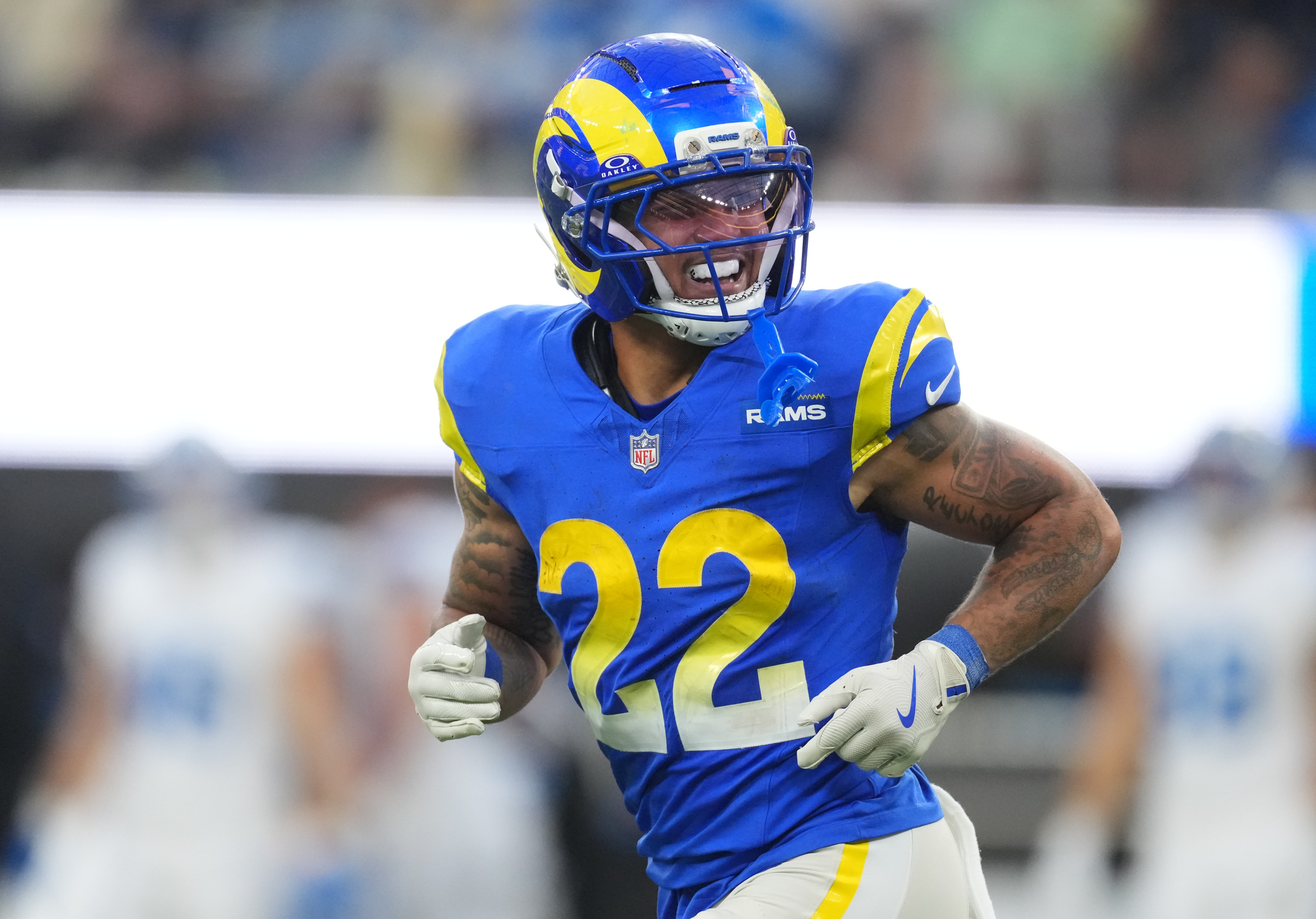 Los Angeles Rams running back Blake Corum (22) celebrates after a touchdown as we offer our Rams vs. Falcons same-game parlay for Monday Night Football.