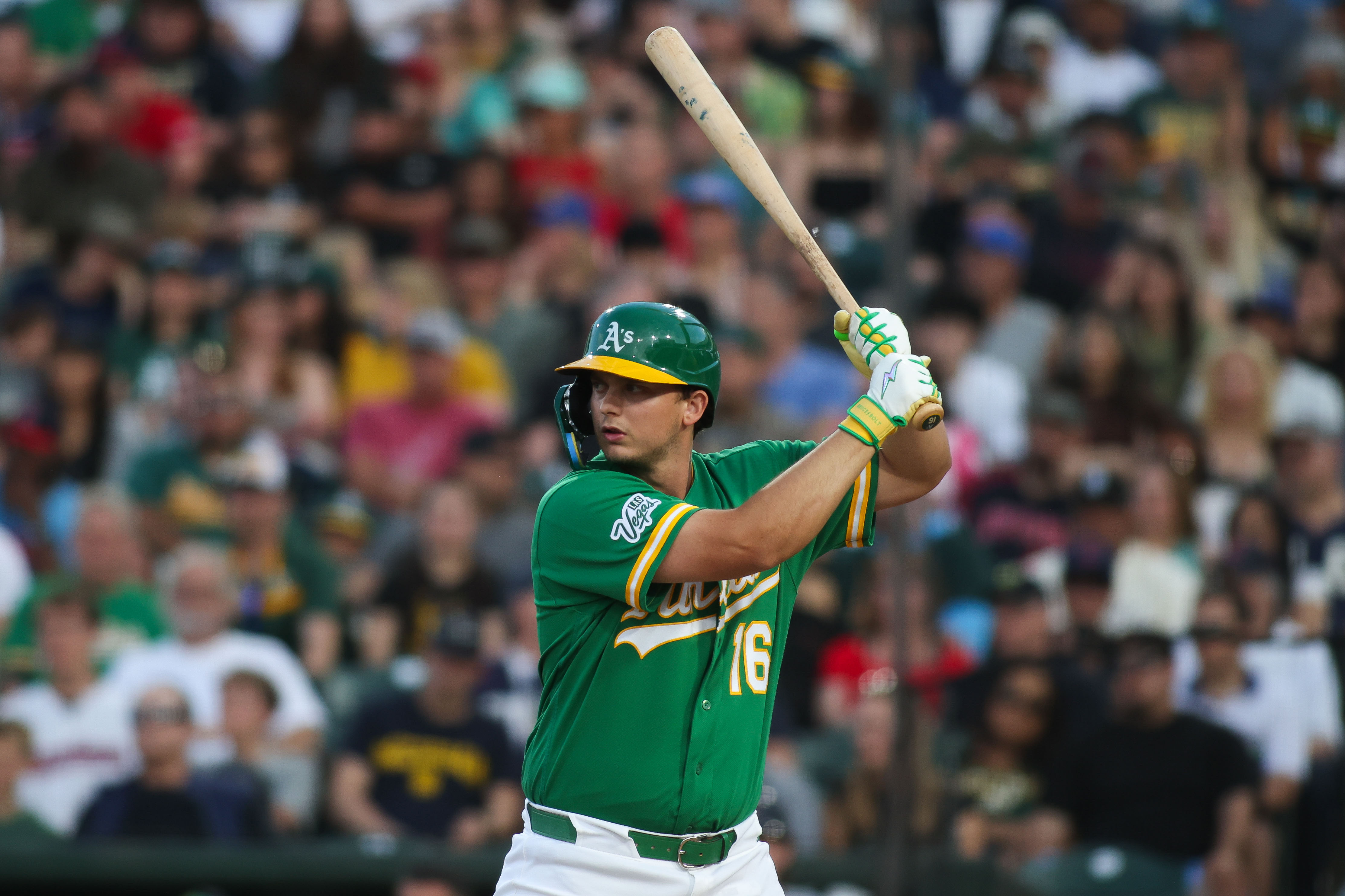 Athletics first baseman Nick Kurtz - who's featured in my Cardinals vs. Athletics prediction - bats during the third inning.