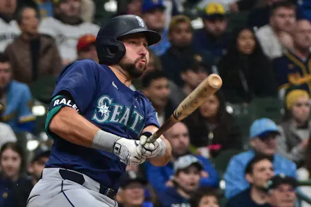 Seattle Mariners catcher Cal Raleigh hits a single to drive in a run in the sixth inning against the Milwaukee Brewers at American Family Field as we look at our Wednesday home run props.