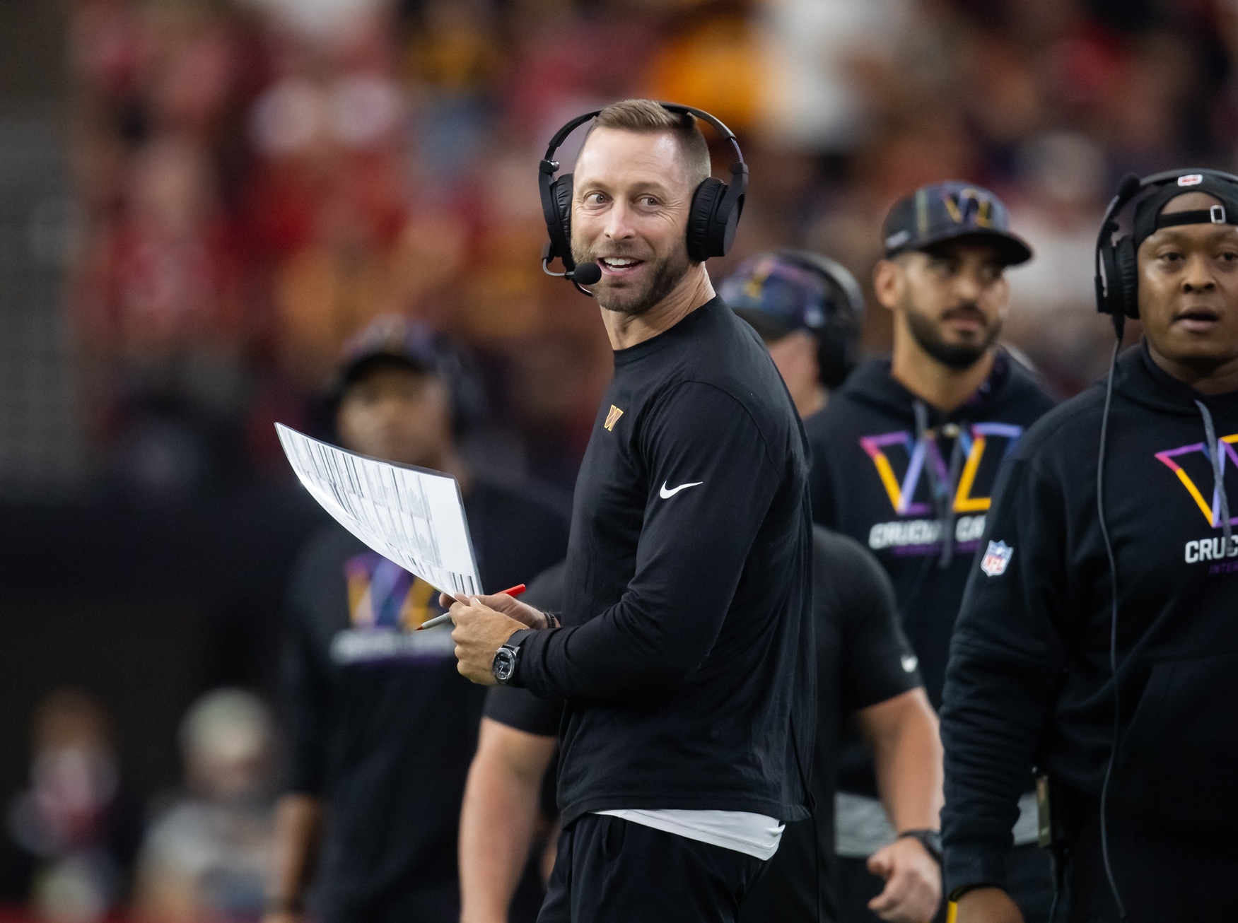 Washington Commanders offensive coordinator Kliff Kingsbury reacts on the sideline, and he's central to our Cleveland Browns next head coach prediction market.