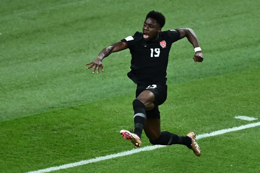 Canada's forward #19 Alphonso Davies celebrates scoring his team's first goal during the Qatar 2022 World Cup Group F football match between Croatia and Canada at the Khalifa International Stadium in Doha on Nov. 27.