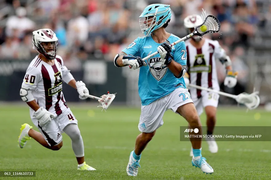 Jake Richard of Atlas LC advances the ball against Patrick Harbeson of Redwoods LC in the second quarter during Week 6 of the Premier Lacrosse League at Dick's Sporting Goods Park on July 27, 2019 in Commerce City, Colorado.