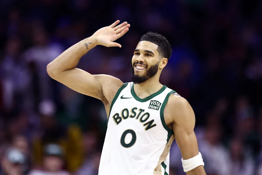 Jayson Tatum of the Boston Celtics reacts during the fourth quarter against the Philadelphia 76ers as we look at our Celtics-76ers promo code for BetRivers..