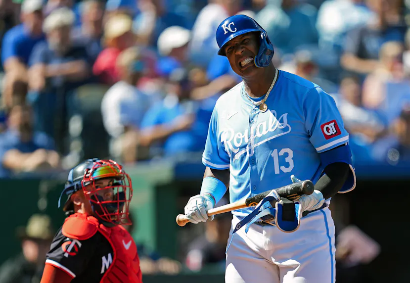 Kansas City Royals first baseman Salvador Perez reacts after striking out as we look at legal sports betting progressing on a Missouri election ballot.