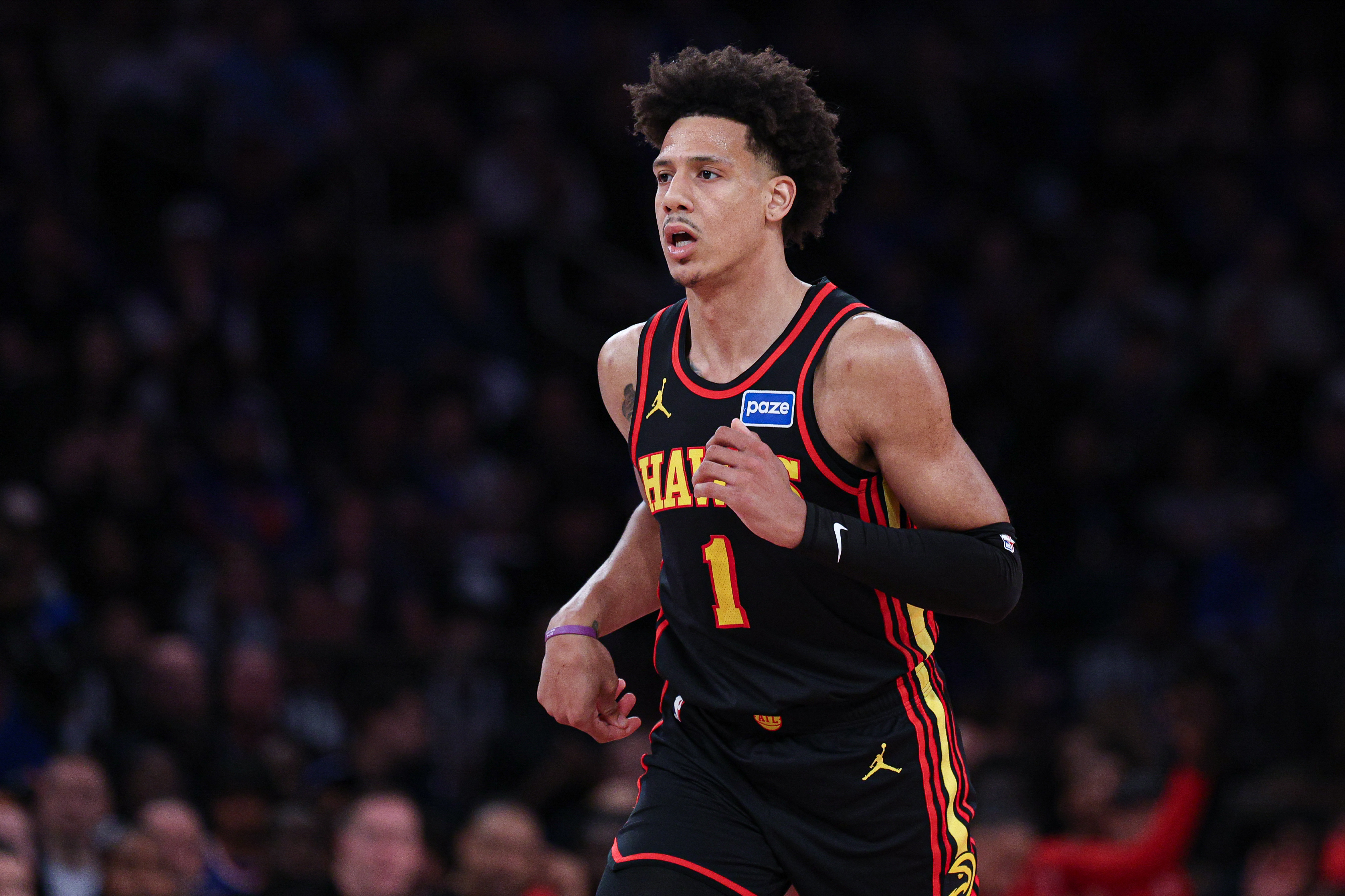 Atlanta Hawks forward Jalen Johnson (1), seen here reacting during a game, is featured in our Knicks vs. Hawks player props for Game 3 today.