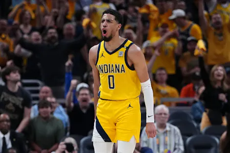 Tyrese Haliburton of the Indiana Pacers reacts after a 3-point basket as we look at the Indiana sports betting financials for April 2024