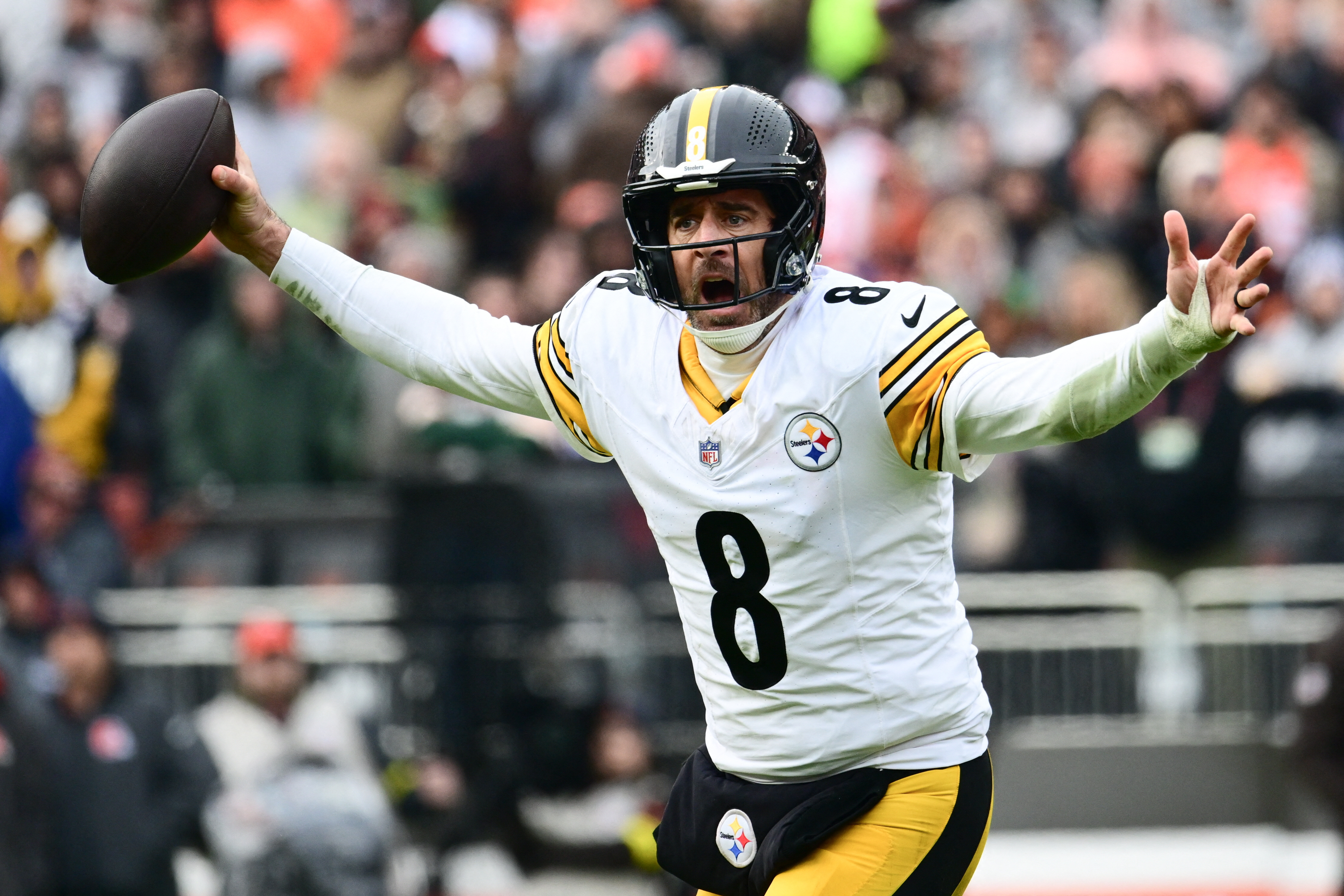 Pittsburgh Steelers quarterback Aaron Rodgers (8), seen here reacting, is featured in our Texans vs. Steelers player props and best bets for NFL Wild Card Weekend.