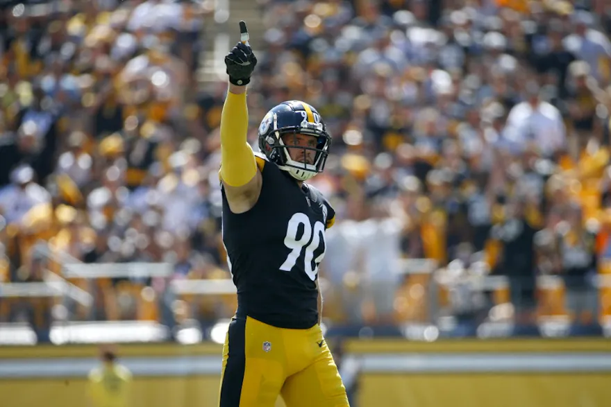 Linebacker T.J. Watt of the Pittsburgh Steelers reacts during the first half of the game against the Las Vegas Raiders at Heinz Field on September 19, 2021 in Pittsburgh, Pennsylvania.