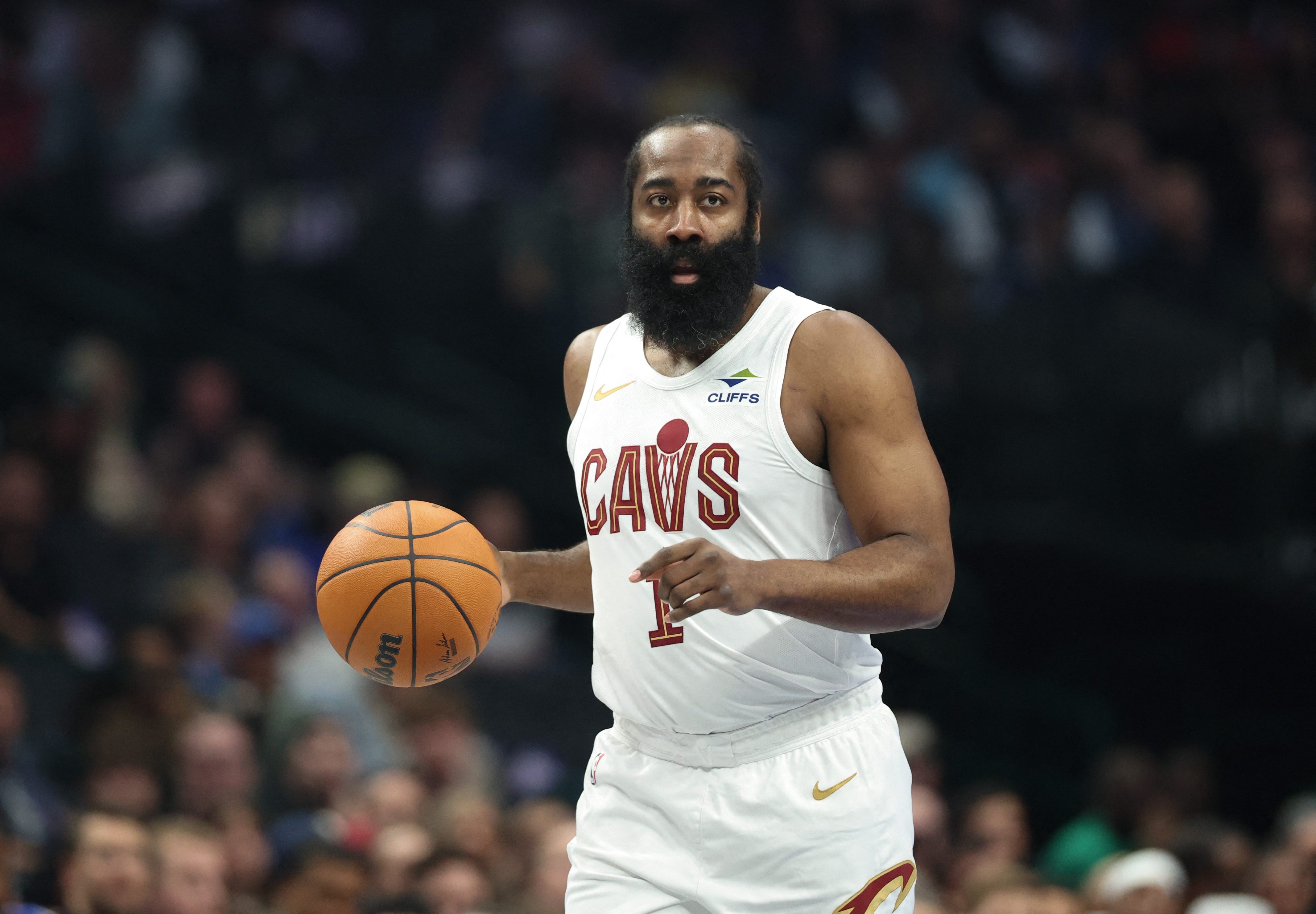 Cleveland Cavaliers guard James Harden (1), seen here dribbling during a game, is featured in our NBA player props today.
