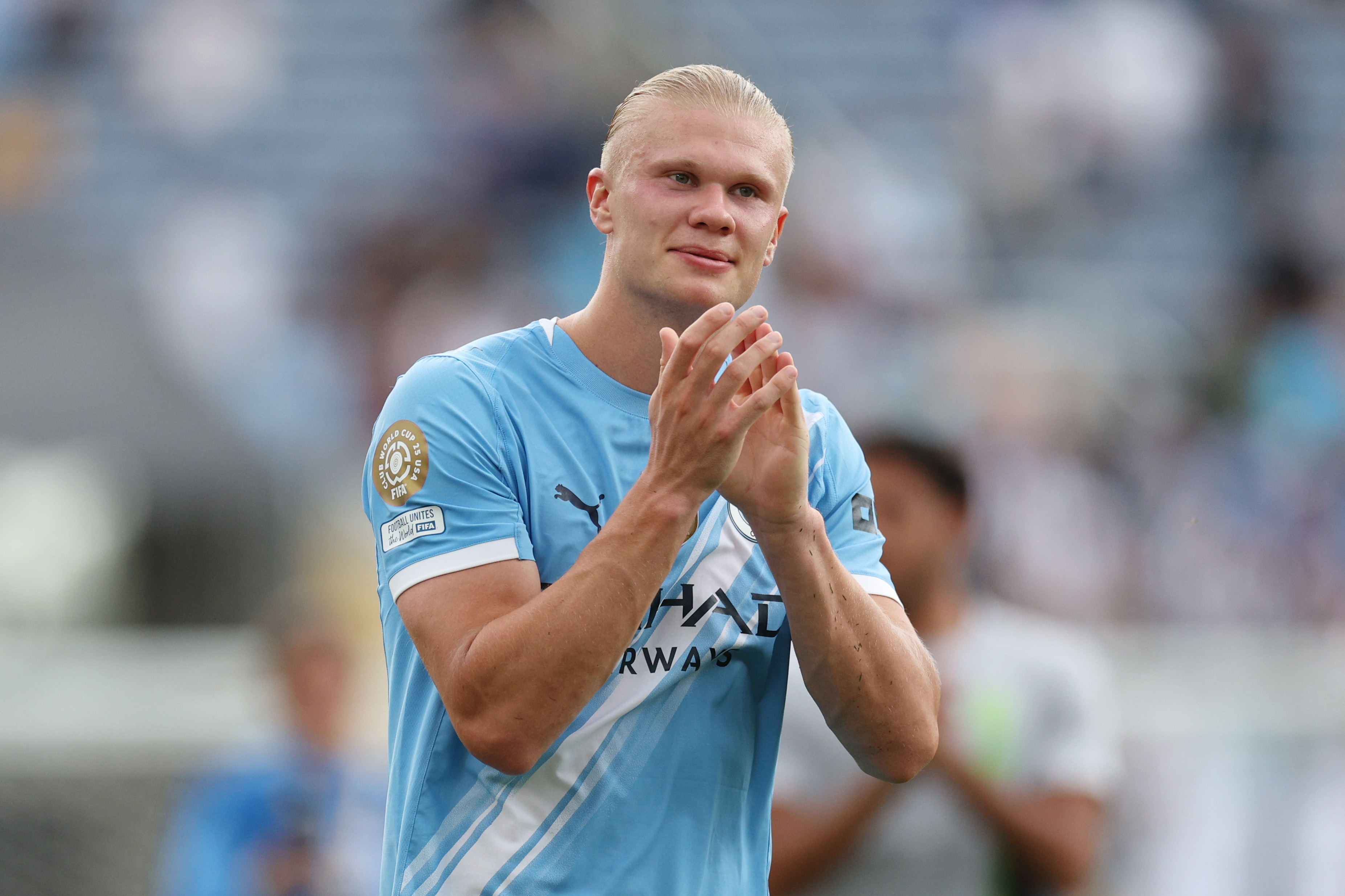 Manchester City forward Erling Haaland (9), seen here applauding fans, is featured in our Sunderland vs. Man City predictions and odds.