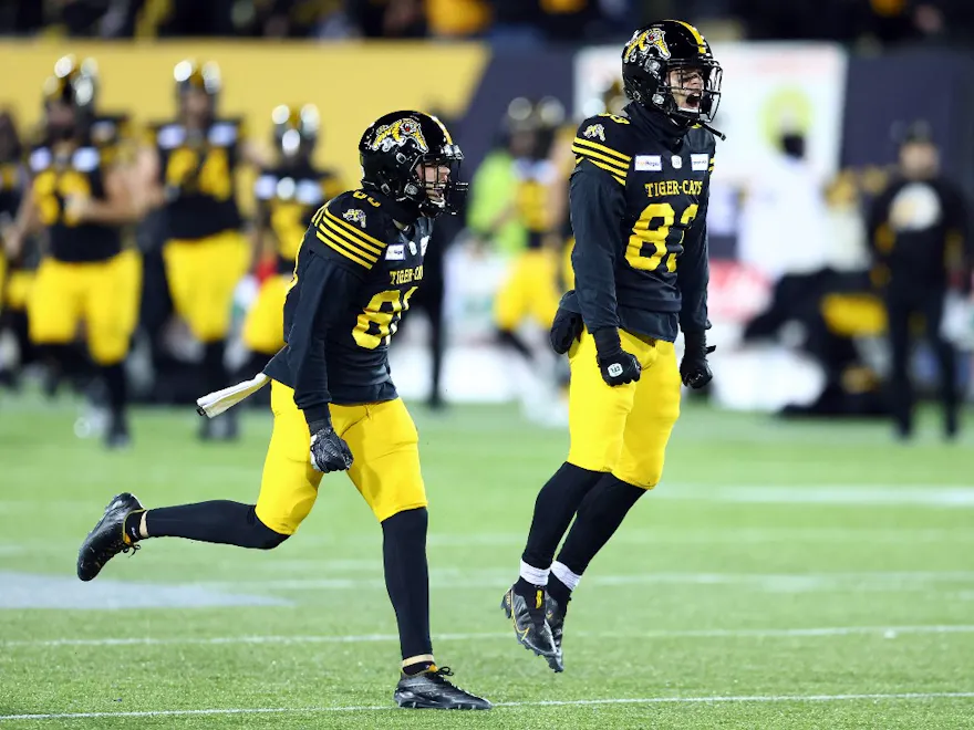 David Ungerer #83 of the Hamilton Tiger-Cats celebrates a first down during the 108th Grey Cup CFL Championship Game against the Winnipeg Blue Bombers at Tim Hortons Field on Dec. 12.