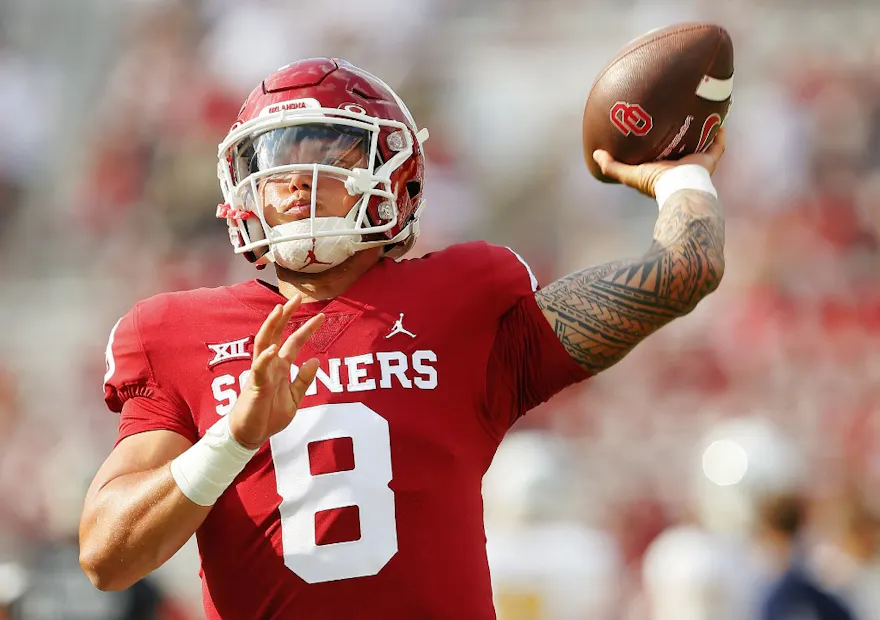 Quarterback Dillon Gabriel of the Oklahoma Sooners throws before a game against the Kent State Golden Flashes at Gaylord Family Oklahoma Memorial Stadium.