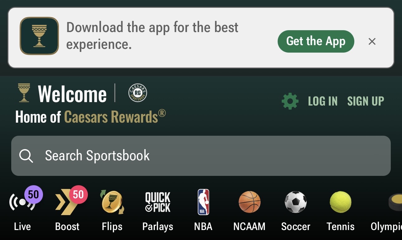 Pictured: Caesars’ rewards program, Caesars Rewards, advertised on its home page.