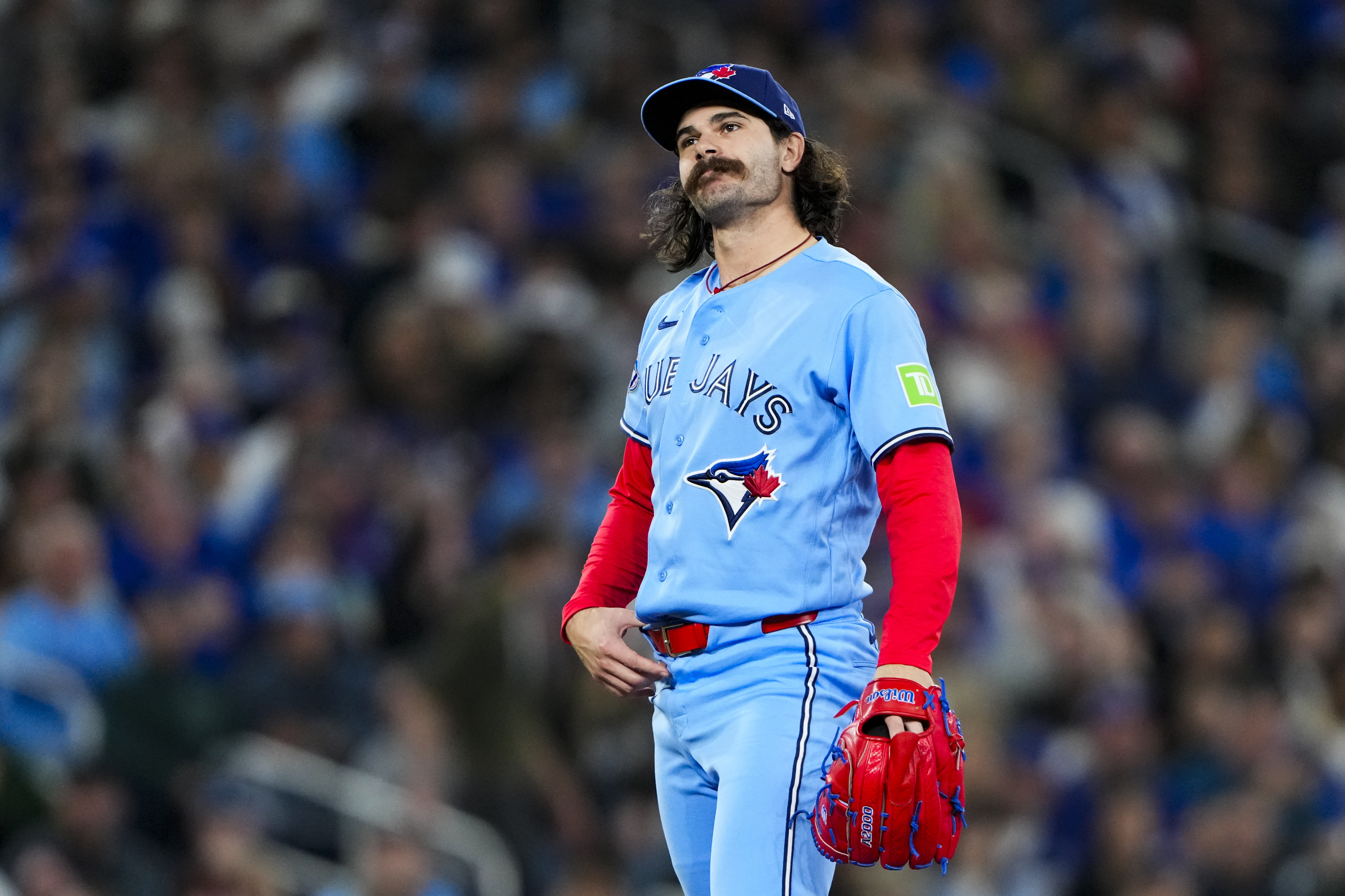 Toronto Blue Jays pitcher Dylan Cease (84) looks on as we break down our Blue Jays vs Yankees win probability.