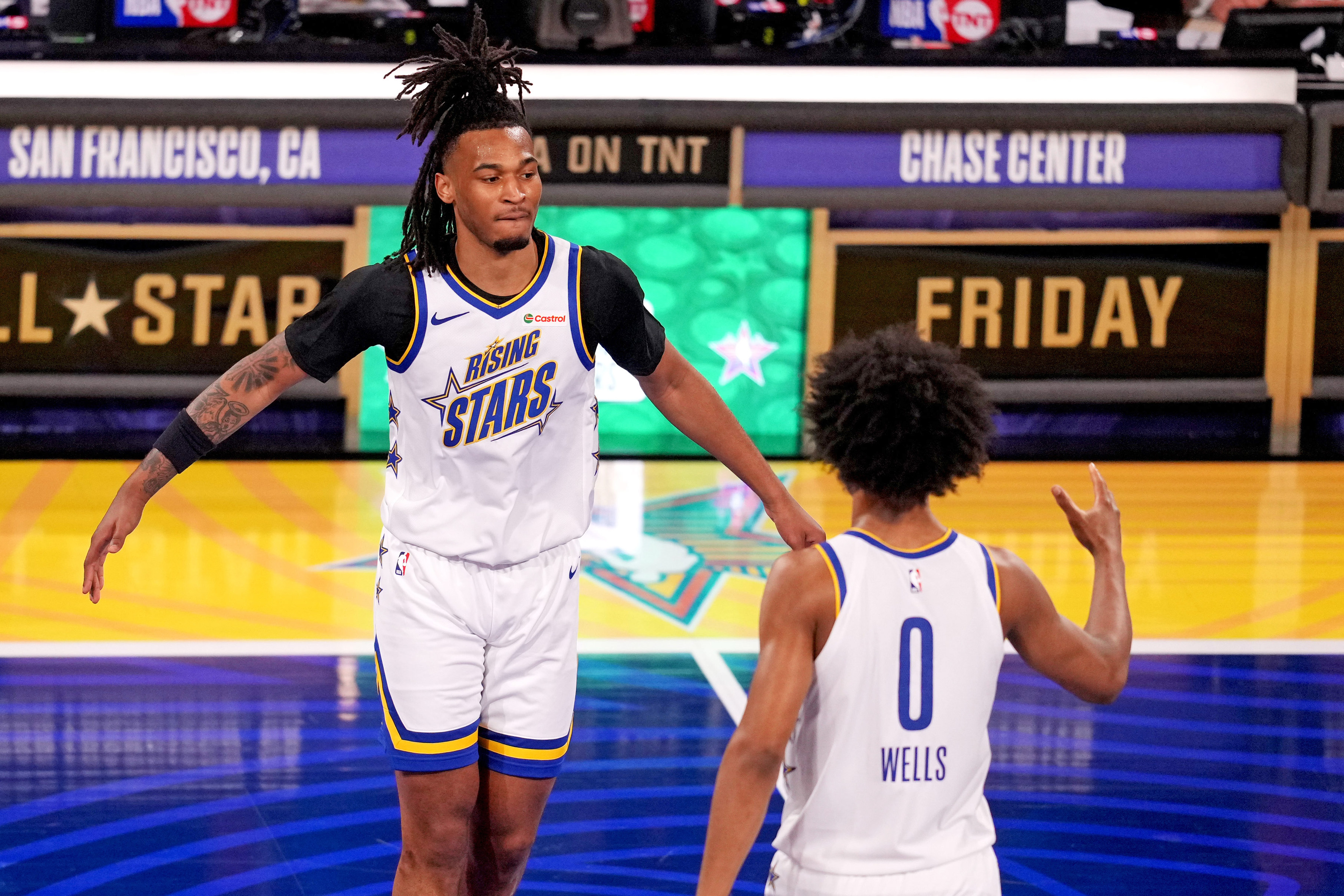 San Antonio Spurs guard Stephon Castle (5) reacts as we dive into our NBA Rising Stars predictions today.