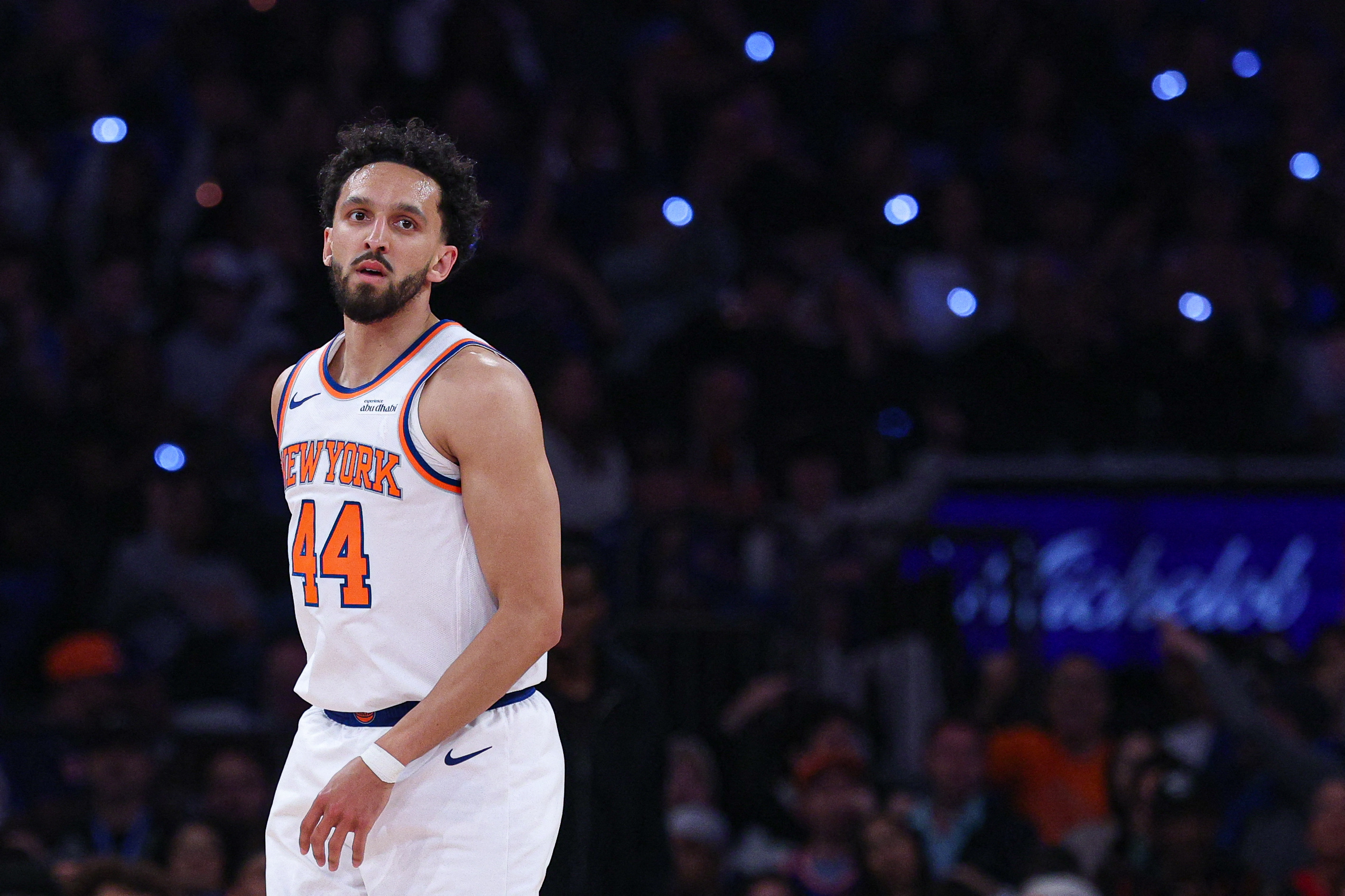 New York Knicks guard Landry Shamet (44) reacts after a basket as we break down our NBA Play of the Day.