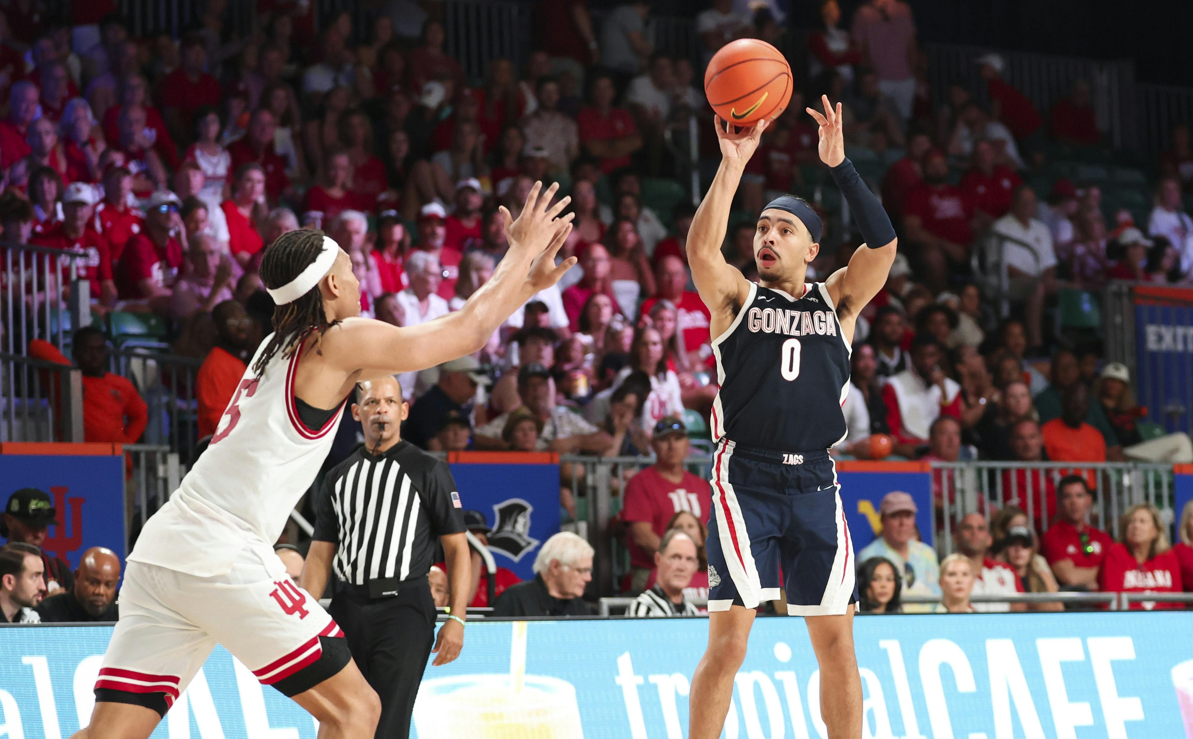 Gonzaga guard Ryan Nembhard shoots over Indiana forward Malik Reneau. Gonzaga is our March Madness team to watch.