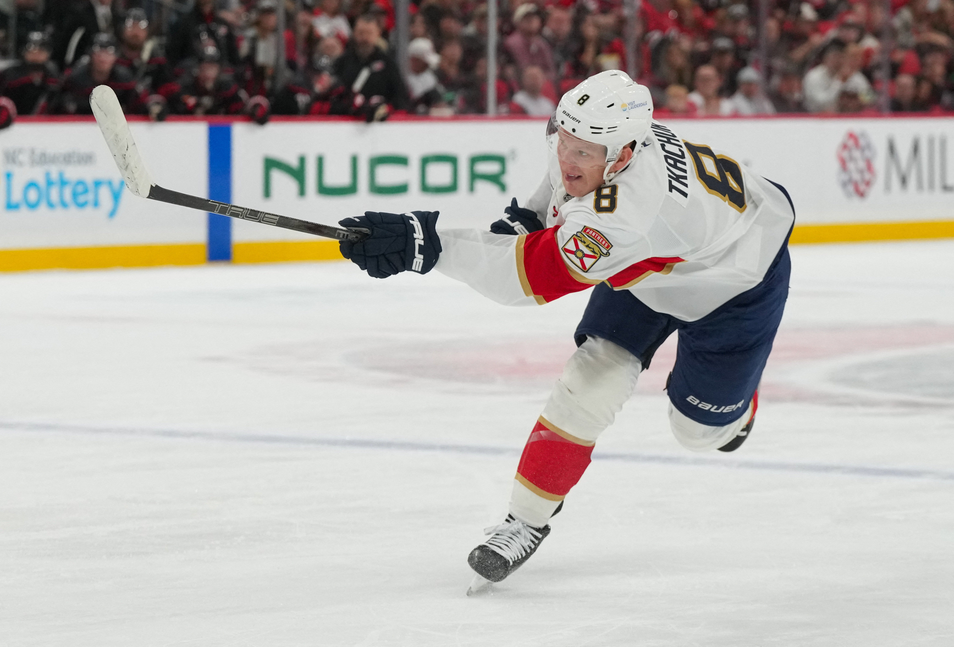 Florida Panthers left wing Brady Tkachuk (8) shoots during the second period against the Carolina Hurricanes as we make our best NHL prediction. 