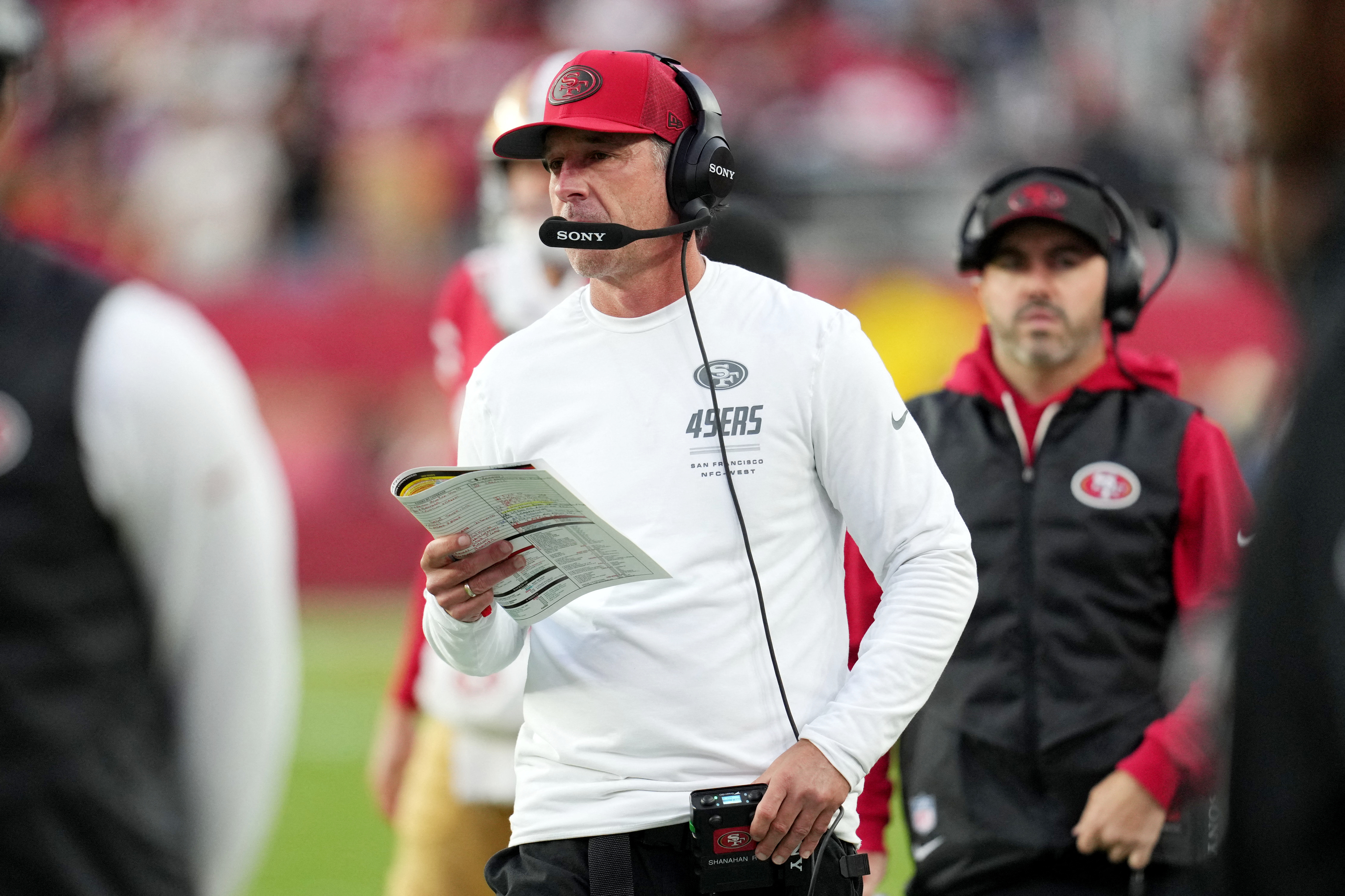 San Francisco 49ers head coach Kyle Shanahan looks on during the second quarter as we examine the NFL Playoff odds. 