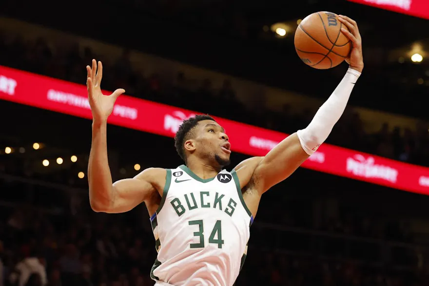Giannis Antetokounmpo of the Milwaukee Bucks grabs a rebound against the Atlanta Hawks at State Farm Arena on Jan. 11, 2023 in Atlanta, Georgia.