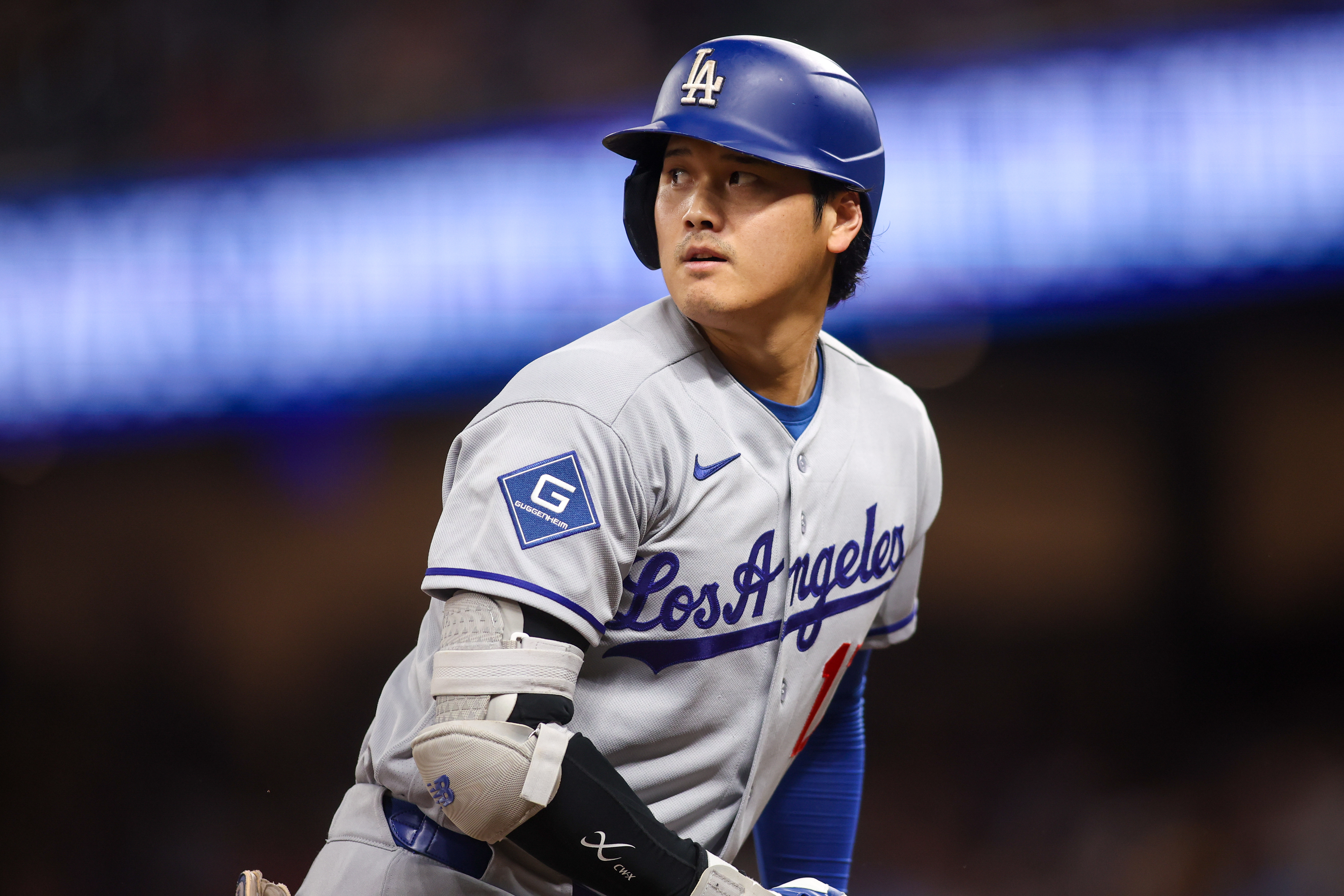 Los Angeles Dodgers designated hitter Shohei Ohtani (17) looks on as we break down our home run predictions.