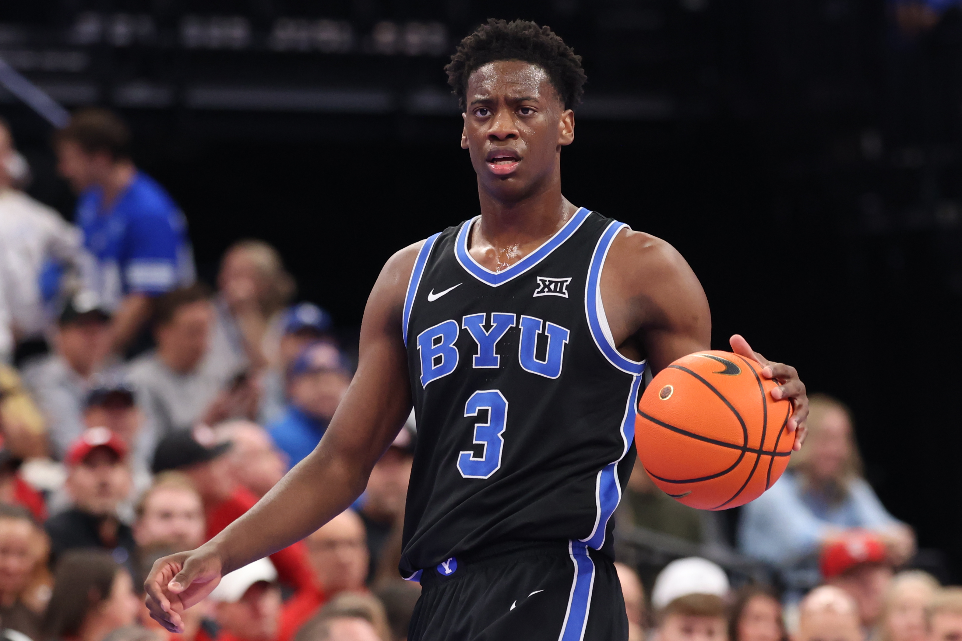 BYU forward AJ Dybantsa (3) dribbles the ball as we offer our BYU vs. Miami prediction