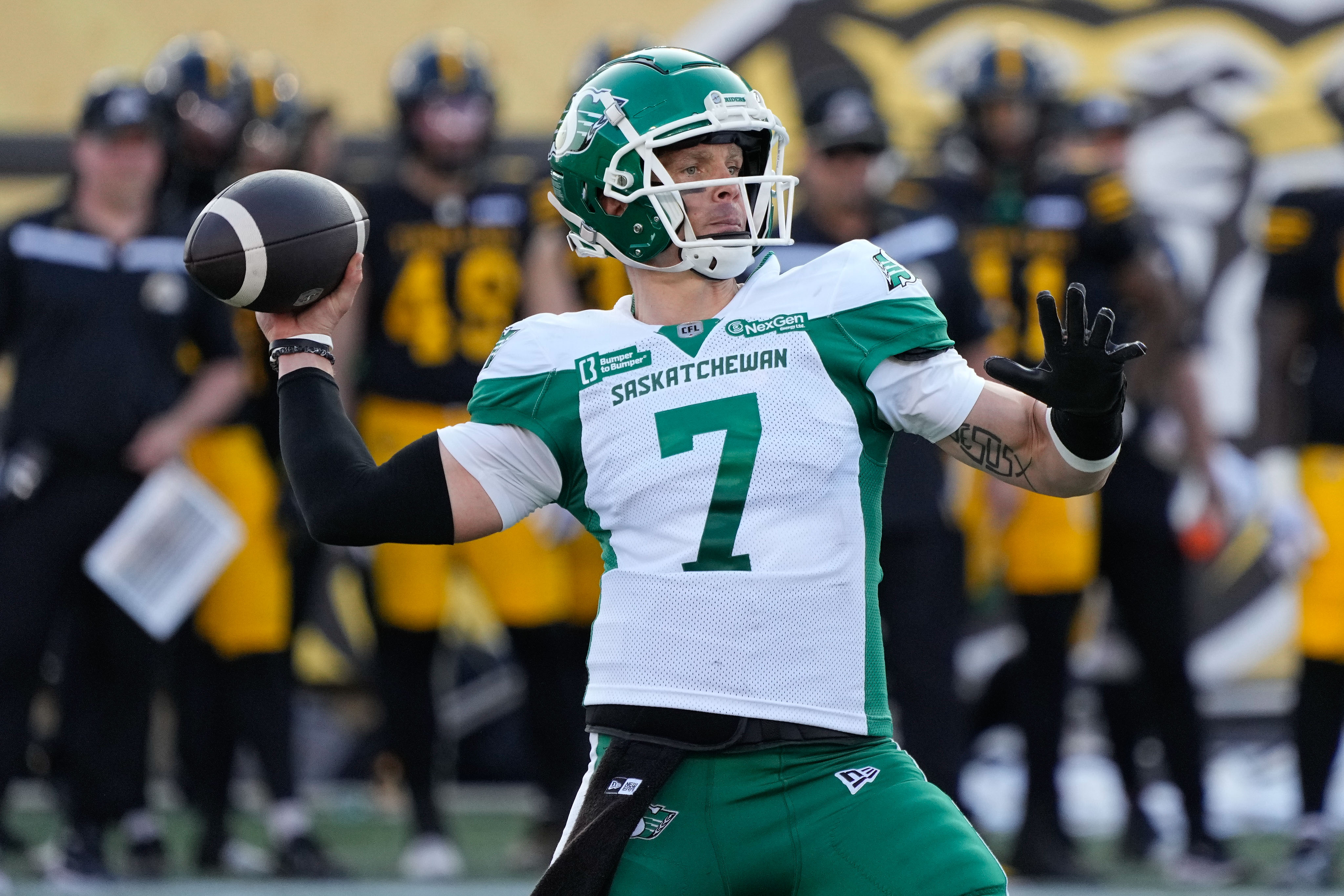 Saskatchewan Roughriders quarterback Trevor Harris (7) throws as we break down our Roughriders vs. Elks prediction.