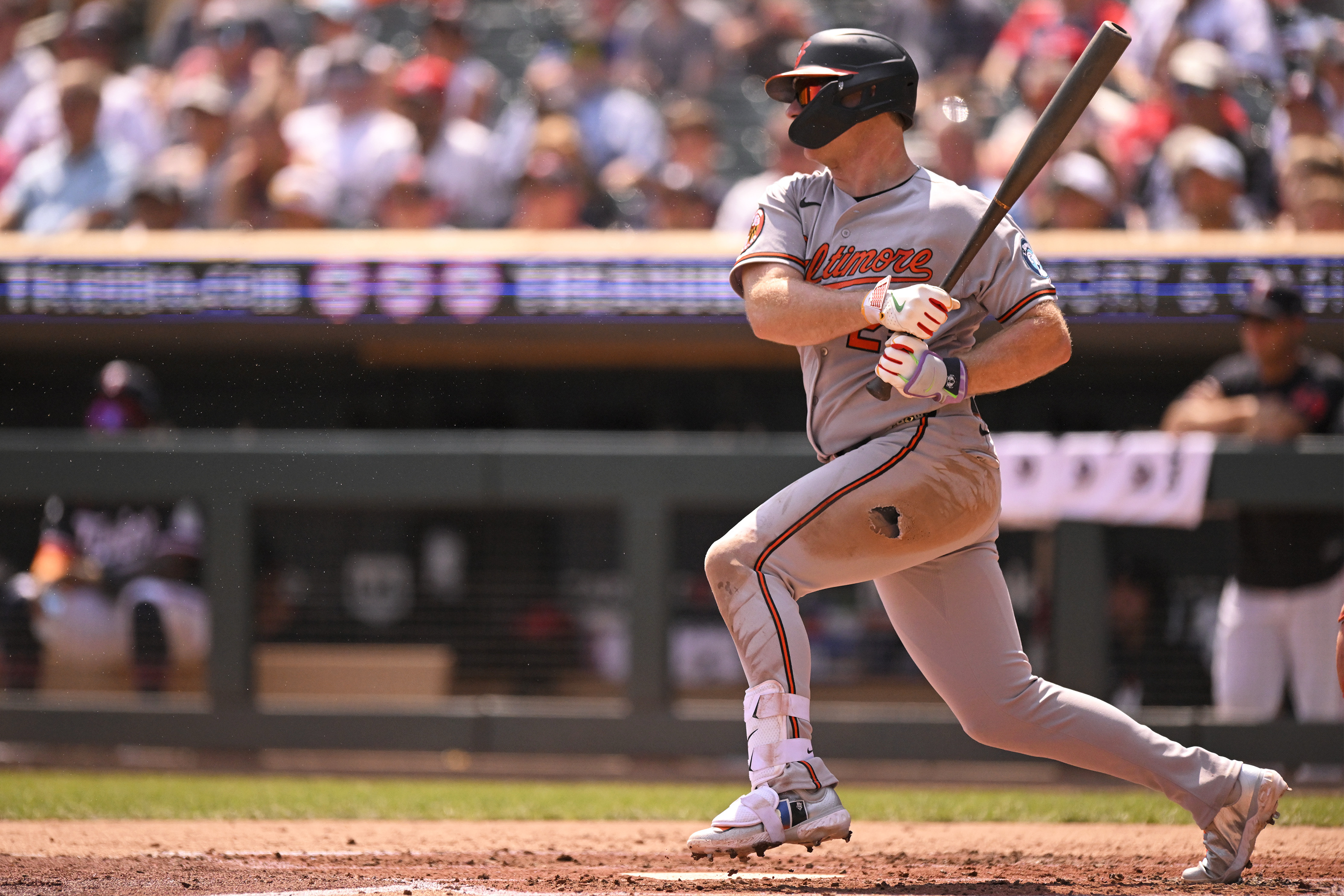 Baltimore Orioles infielder Pete Alonso (25) hits a single as he is featured in our Orioles vs. Rays prediction.