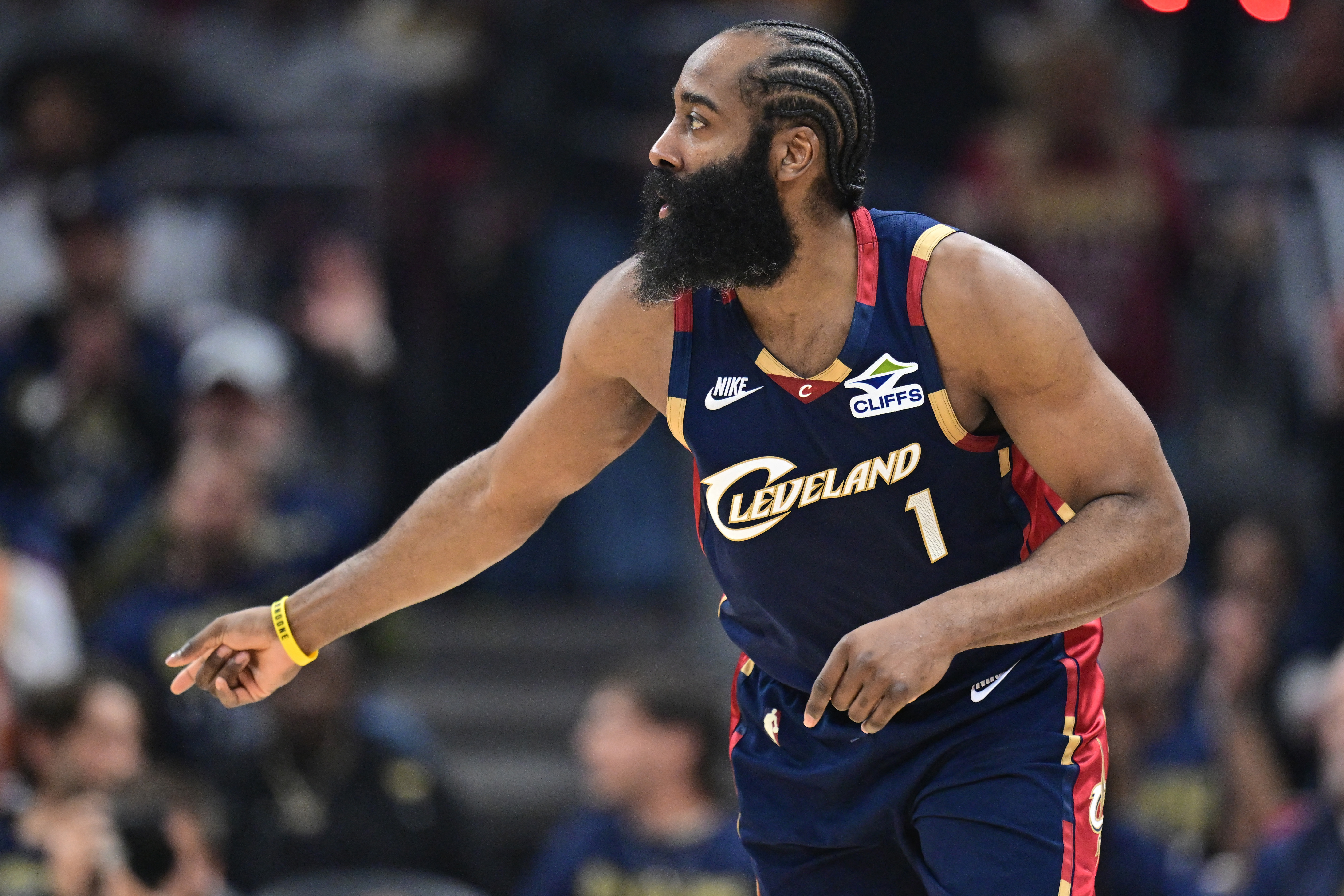 Cleveland Cavaliers guard James Harden (1), seen here celebrating during a game, is featured in our Cavaliers vs. Raptors player props for Game 3 today.