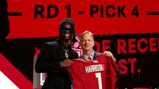 Marvin Harrison Jr. poses with NFL Commissioner Roger Goodell, as we examine the best 2024 NFL rookie receiving leader odds and predictions.