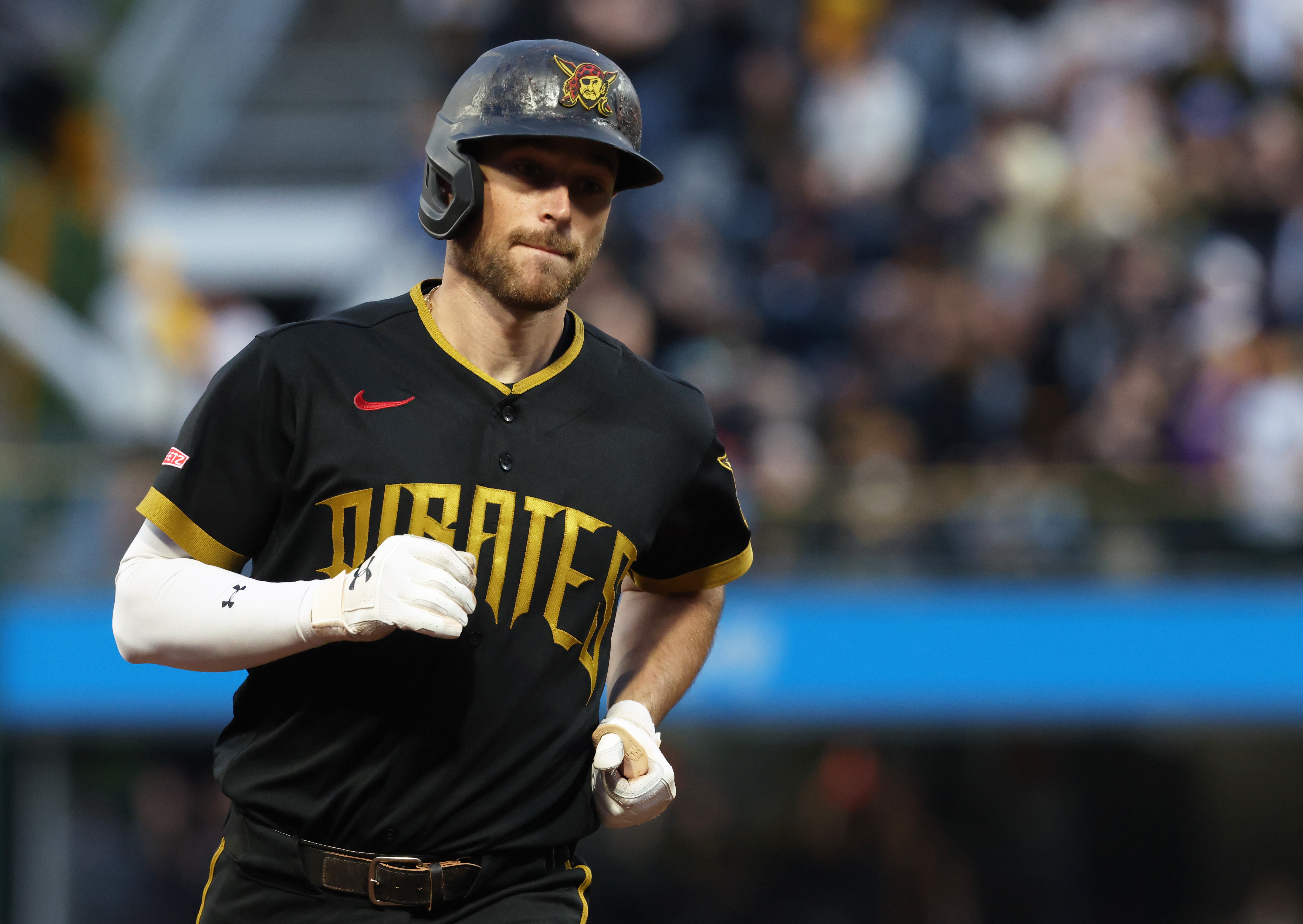 Pittsburgh Pirates second baseman Brandon Lowe (5), seen here circling the bases during a game, is featured in our home run predictions tonight.