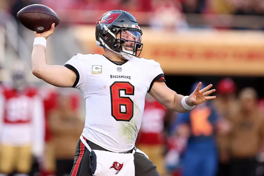 Baker Mayfield #6 of the Tampa Bay Buccaneers throws a pass as we make our Panthers vs. Buccaneers NFL player prop predictions.