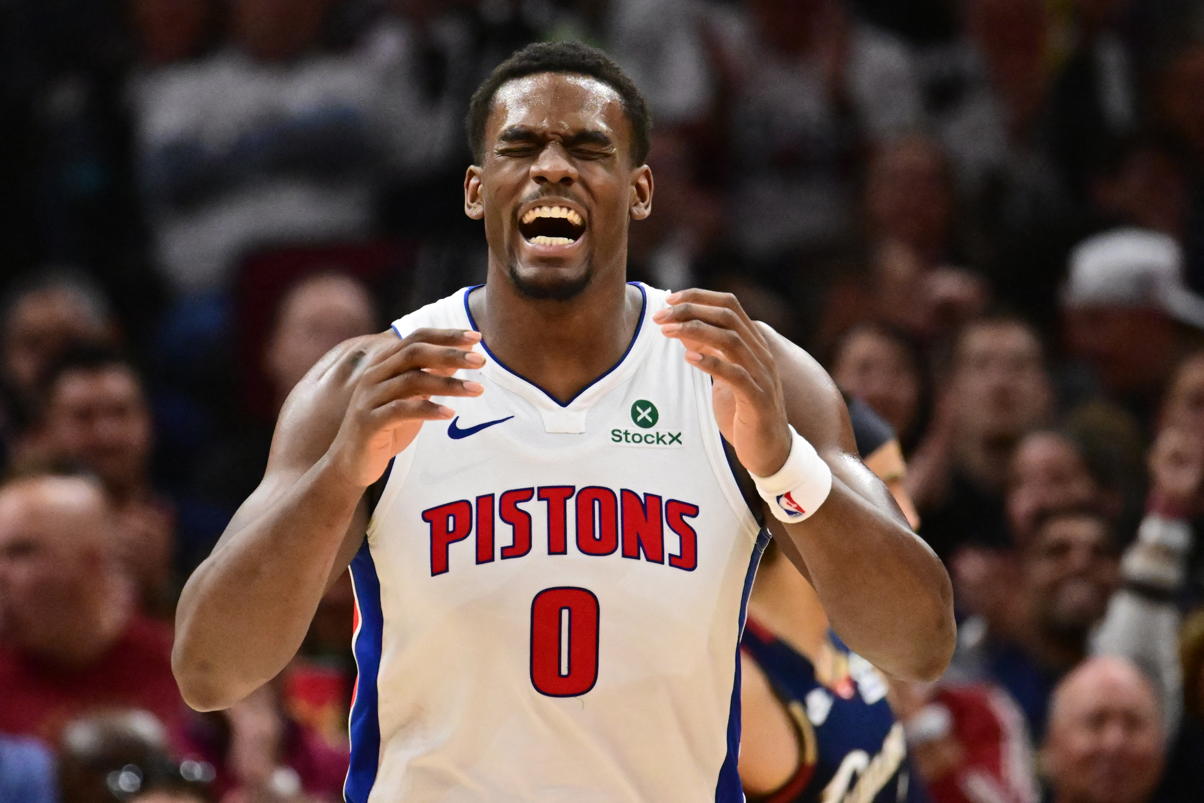 Detroit Pistons center Jalen Duren (0), seen here reacting during a game, is featured in our Cavaliers vs. Pistons player props for Game 5 today.