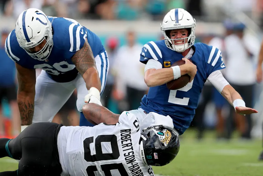 Roy Robertson-Harris tackles Matt Ryan in the fourth quarter at TIAA Bank Field.