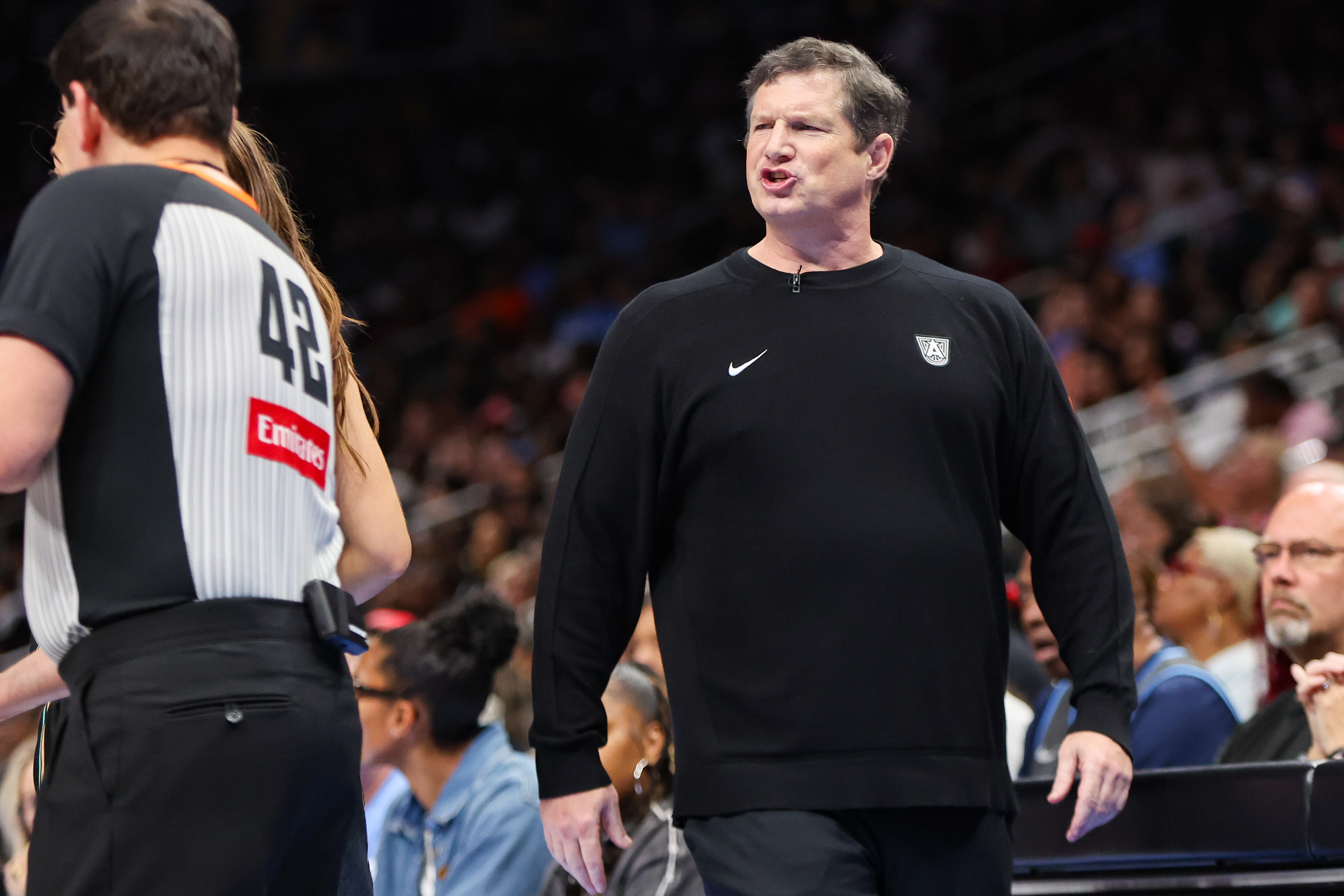Atlanta Dream head coach Karl Smesko talks to a referee during the fourth quarter against the New York Liberty as we take a closer look at the 2026 WNBA Championship odds. 