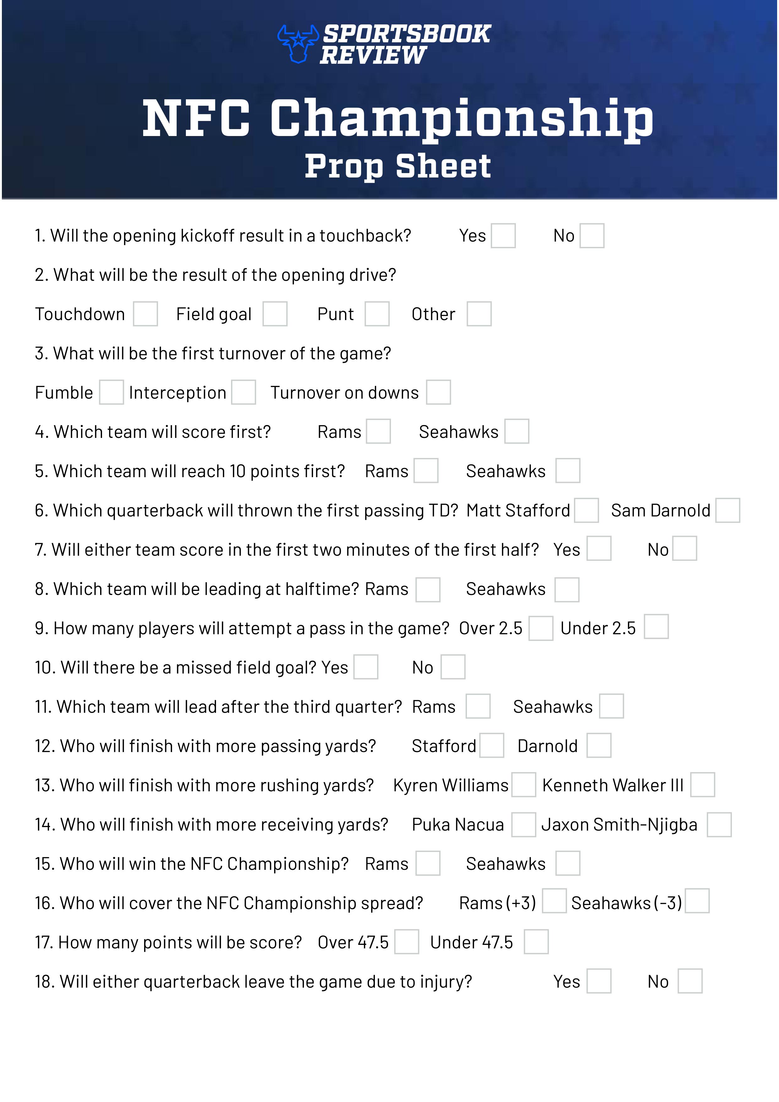 NFC Championship Game prop bet sheet printable