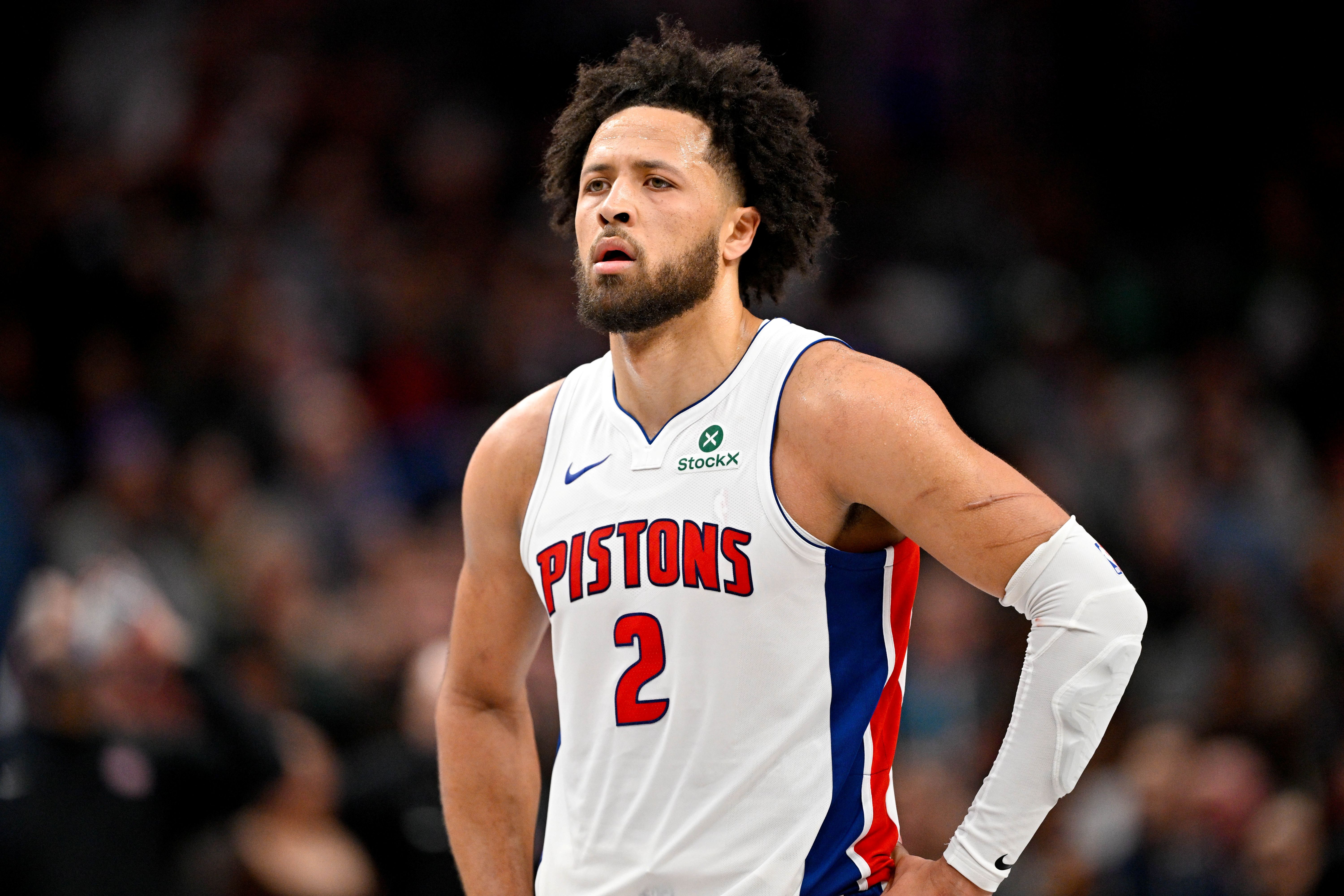 Detroit Pistons guard Cade Cunningham (2), seen here looking on during a game, is featured in our NBA awards eligibility tracker 2026.