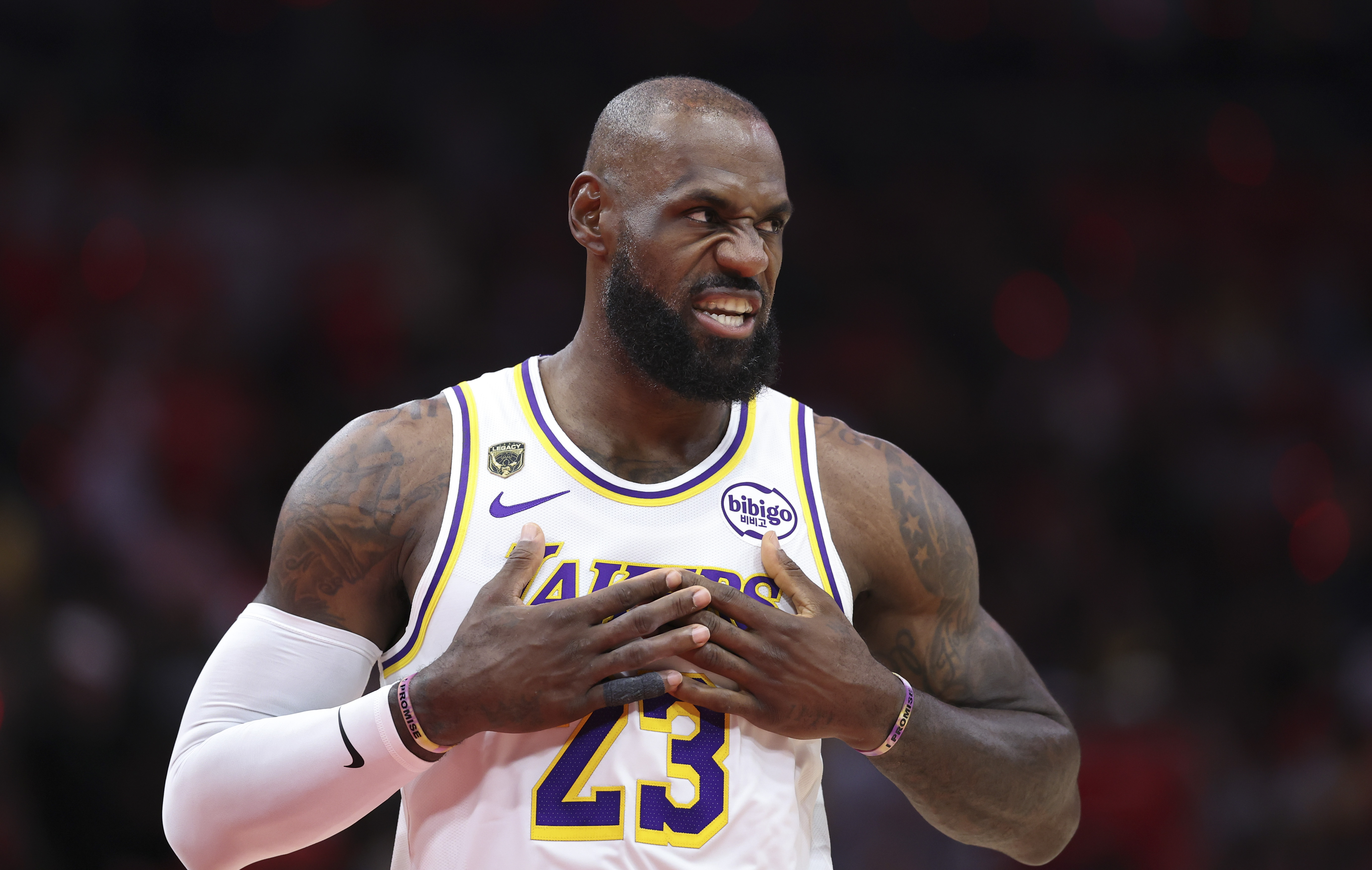 Los Angeles Lakers forward LeBron James (23), seen here walking on the court before a game, is featured in our Thunder vs. Lakers player props for Game 4 today.