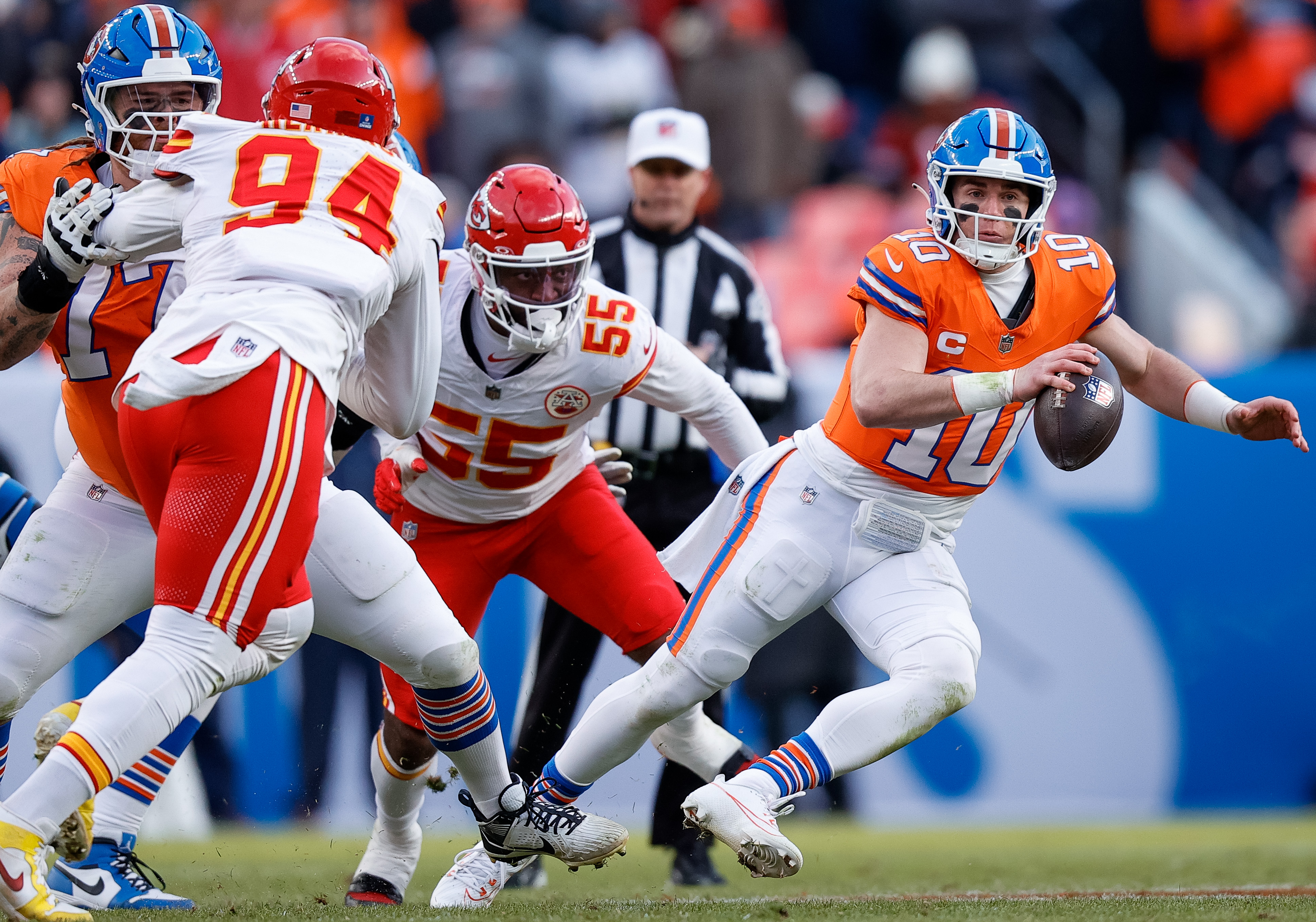 Denver Broncos quarterback Bo Nix (10) scrambles under pressure as we break down our NFL predictions for Week 17 starting with a Christmas Day tripleheader.