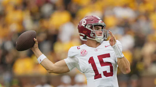 Alabama Crimson Tide quarterback Ty Simpson (15) throws as we offer our Alabama vs. South Carolina prediction