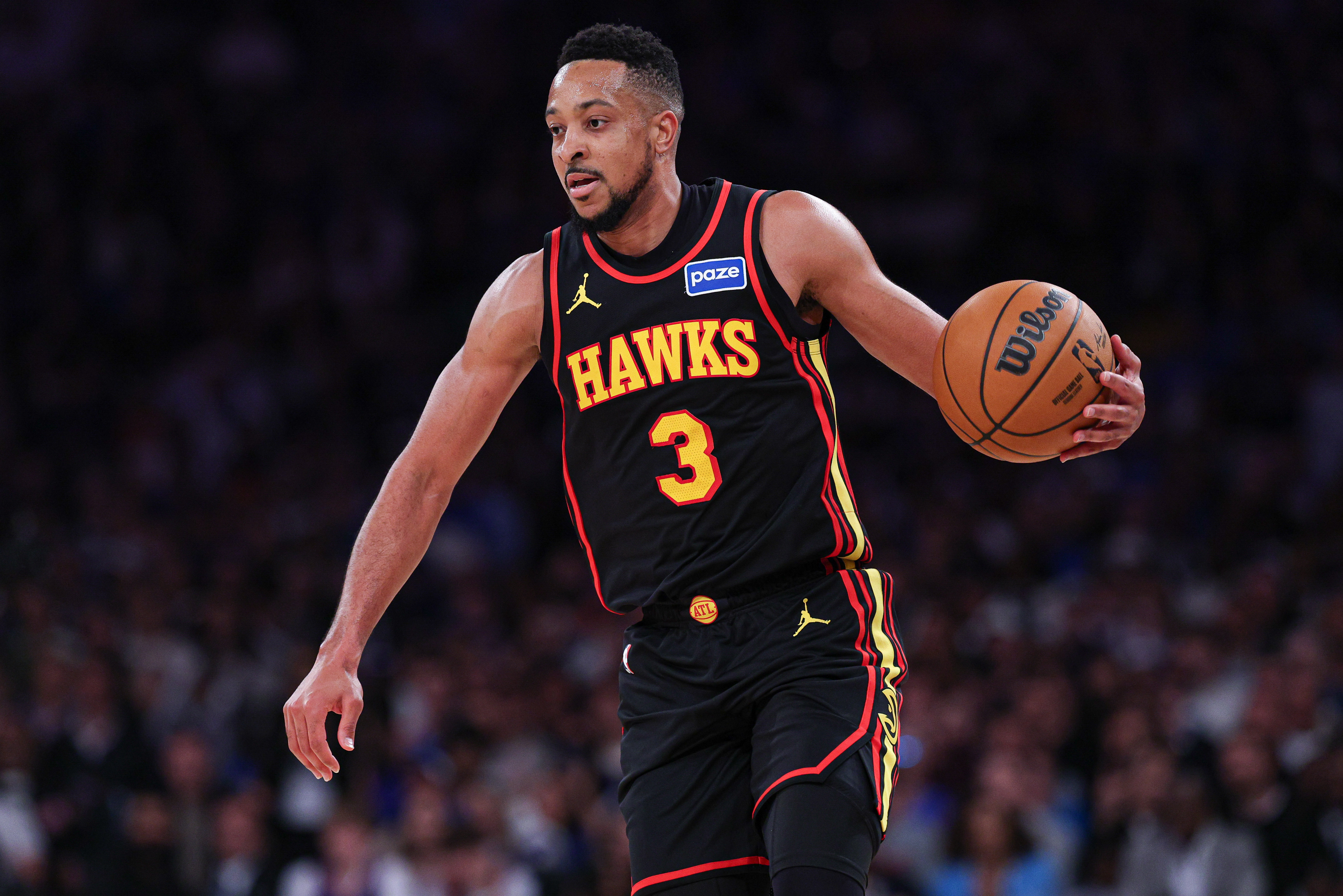 Atlanta Hawks guard CJ McCollum (3), seen here dribbling up the court during a game, is featured in our Hawks vs. Knicks player props tonight.