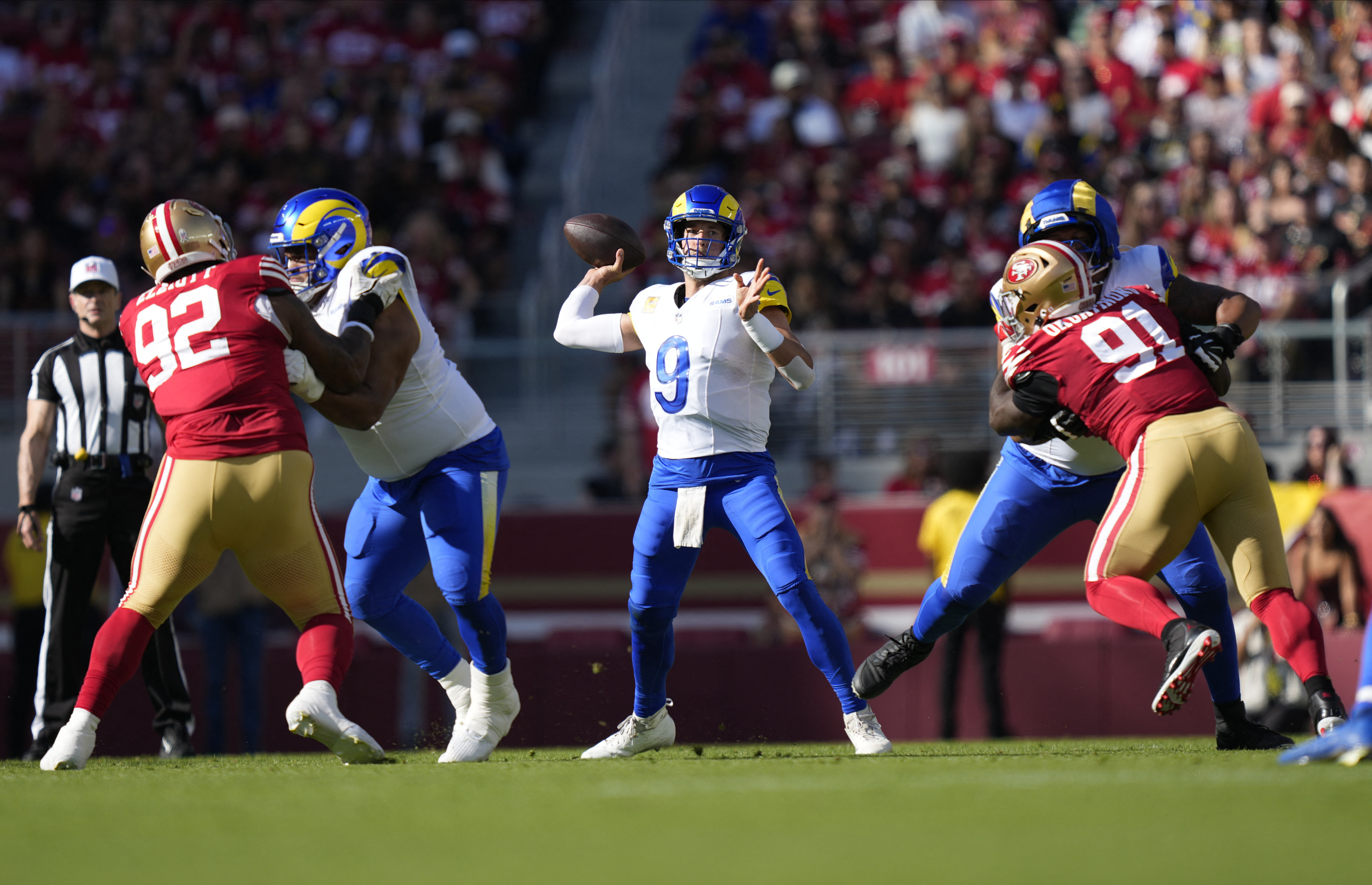Matthew Stafford (9) is key to our 49ers vs. Rams prediction for the NFL's first-ever game in Australia. 