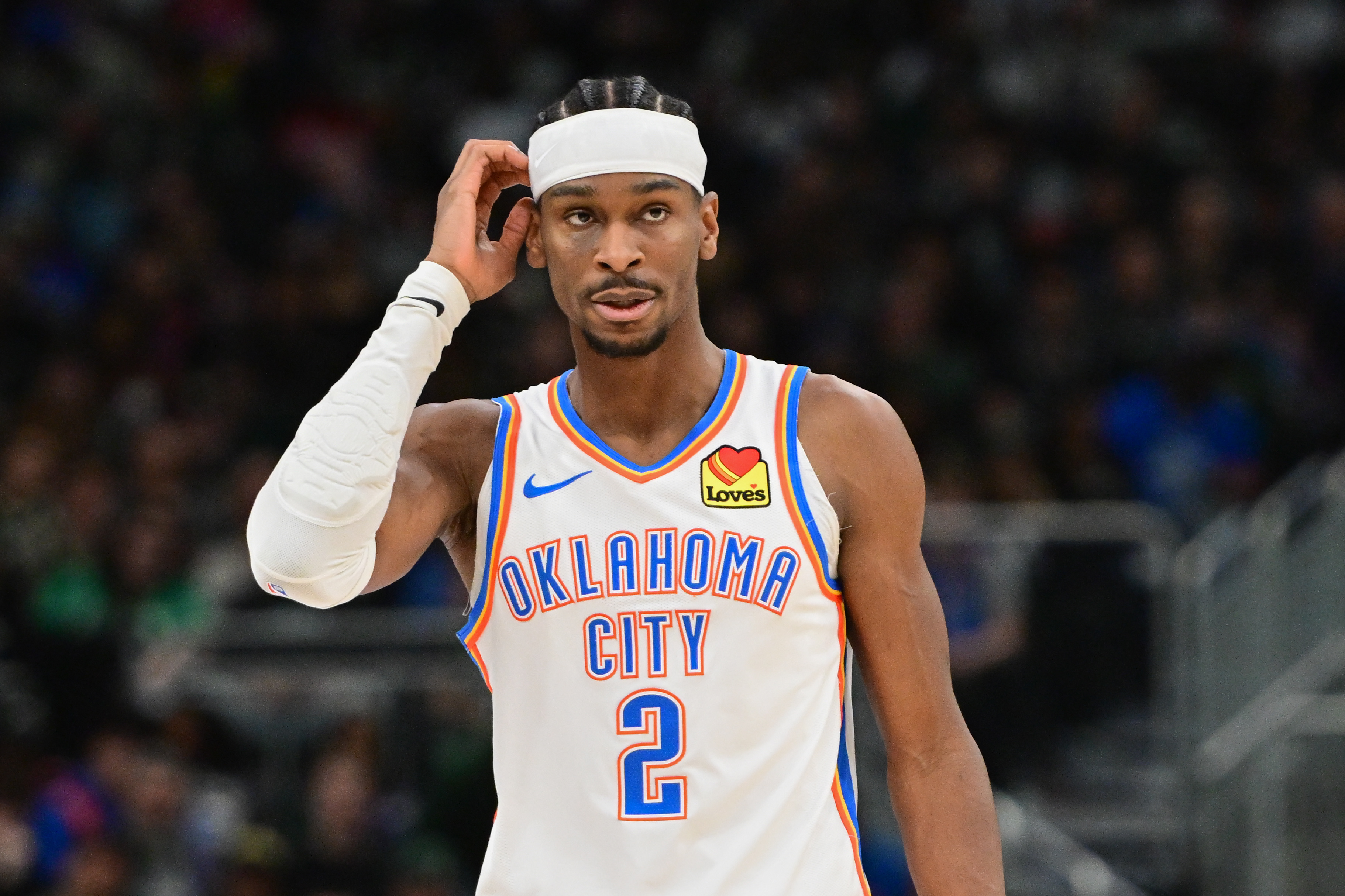 Oklahoma City Thunder guard Shai Gilgeous-Alexander (2), seen here looking on, is featured in our NBA Finals MVP odds.