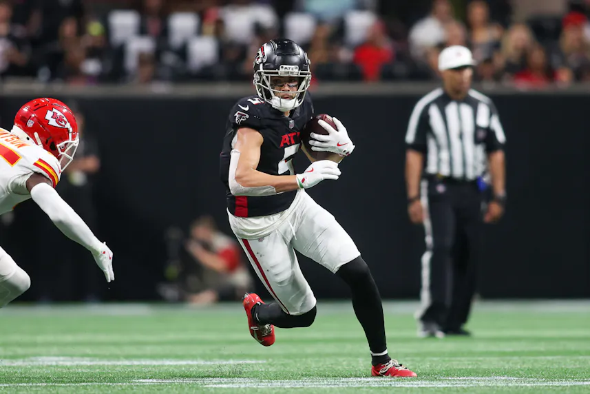 Atlanta Falcons wide receiver Drake London runs after a catch as we look at our anytime touchdown scorer parlay for Week 6