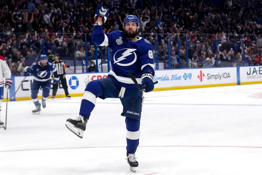 Nikita Kucherov of the Tampa Bay Lightning celebrates after scoring a goal against the Montreal Canadiens during Game One of the 2021 NHL Stanley Cup Final at Amalie Arena on June 28, 2021 in Tampa, Florida.