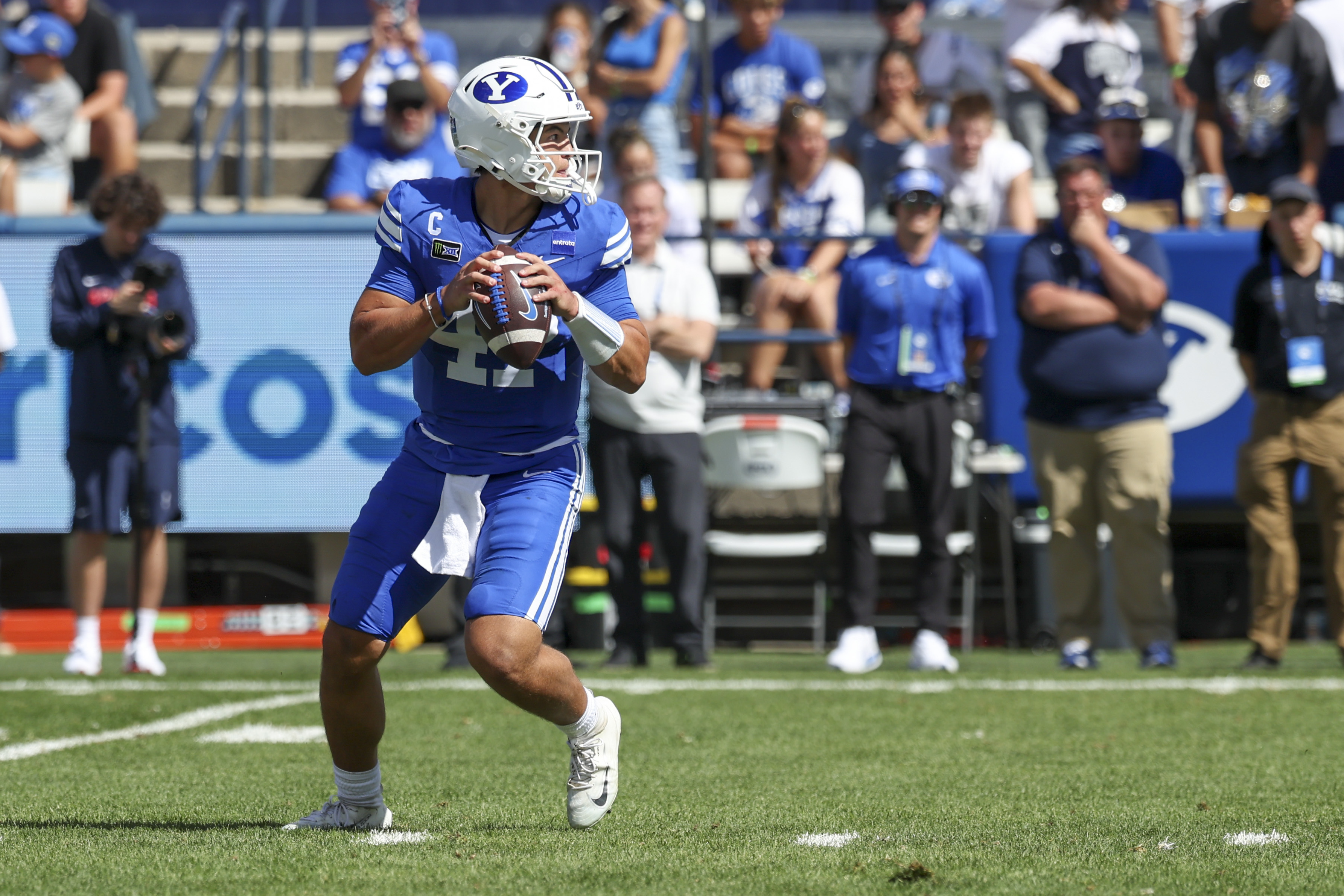 Pictured: Cougars quarterback Bear Bachmeier as we break down our BYU vs. Colorado State Prediction. Photo by Rob Gray-Imagn Images.