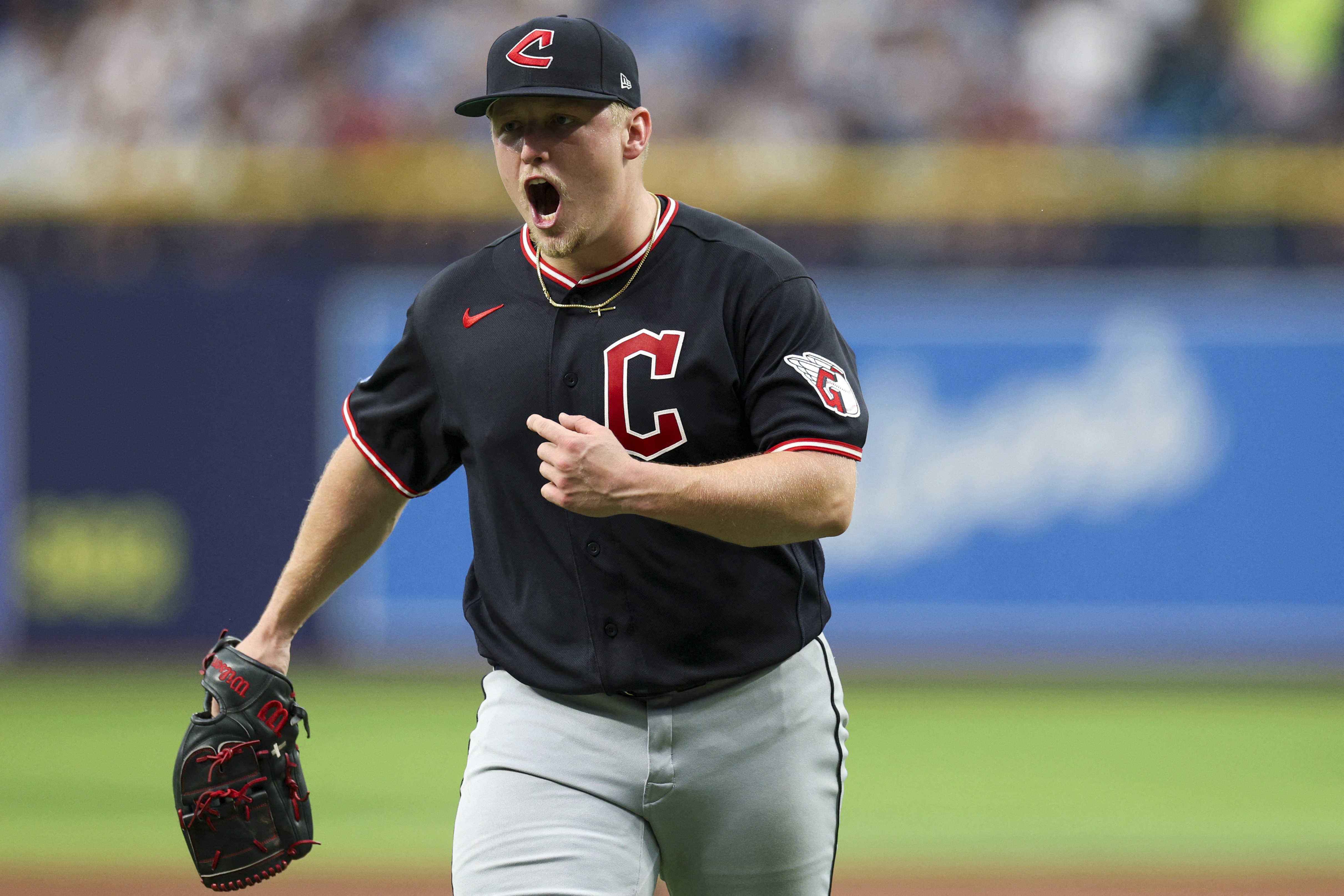 Cleveland Guardians starting pitcher Parker Messick (77) reacts as he is featured in our Diamondbacks vs. Guardians win probability.